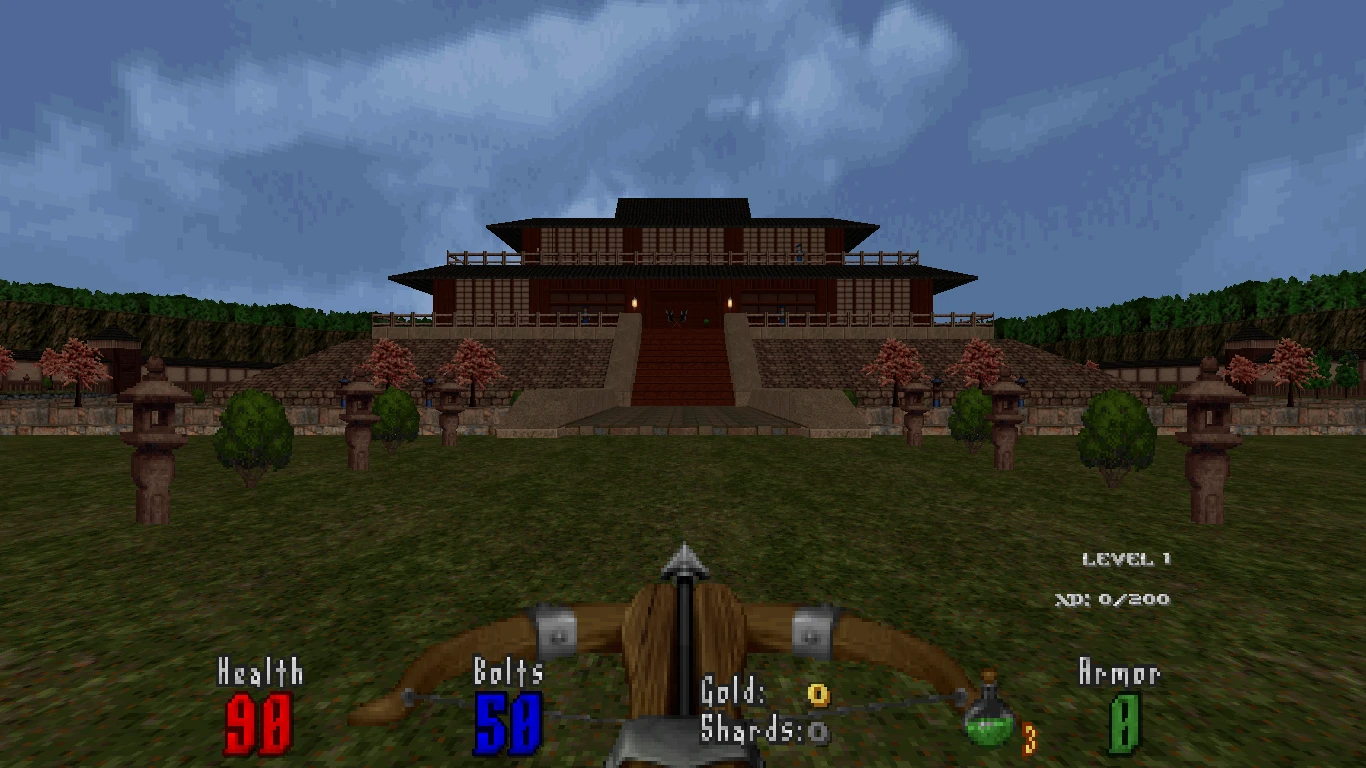 First-person view of a large Asian-style building with a crossbow HUD in Doom II mod Abysm 2