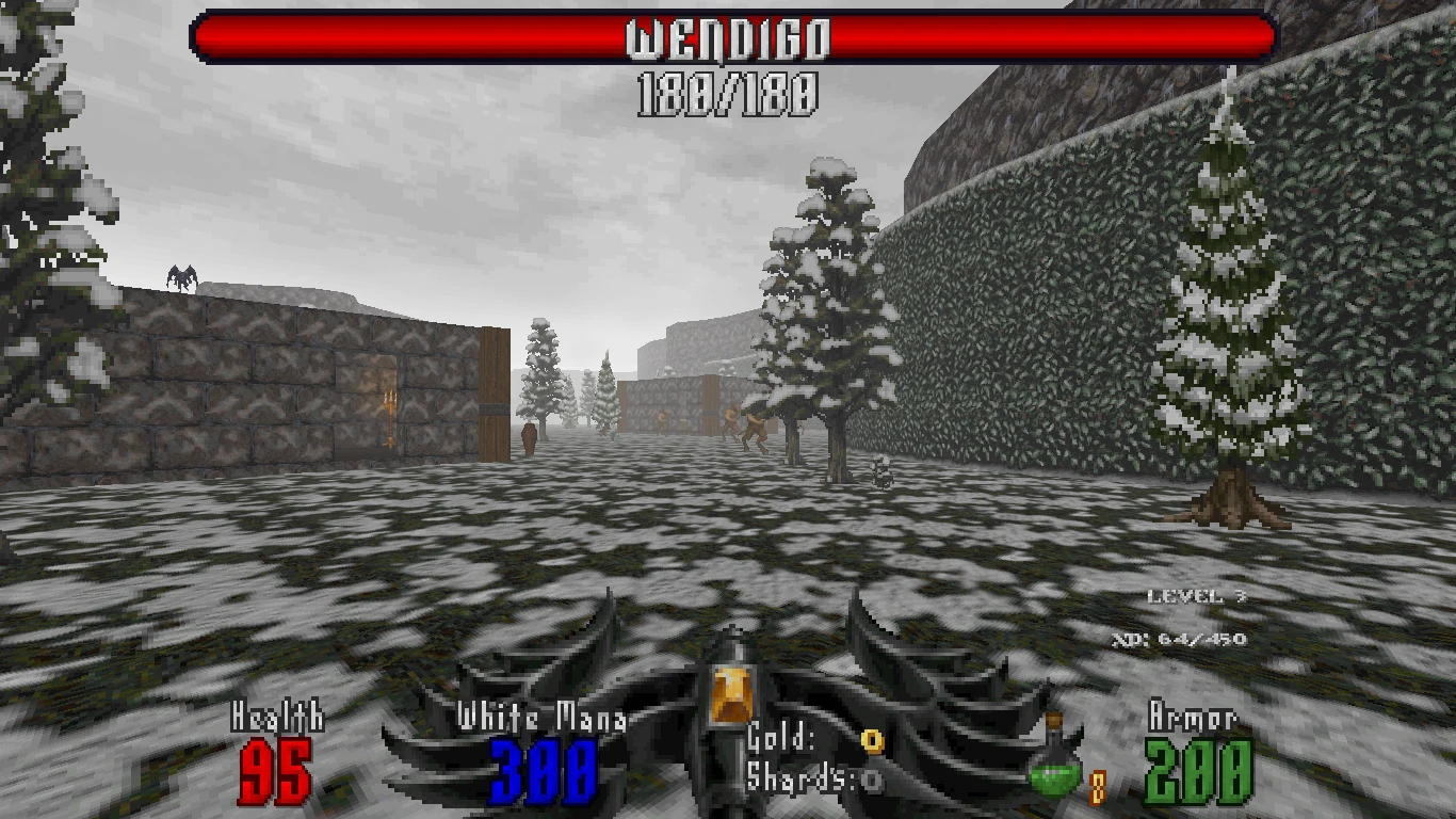 First-person view in snowy village with health, mana, armor HUD in Doom II Abysm 2 mod