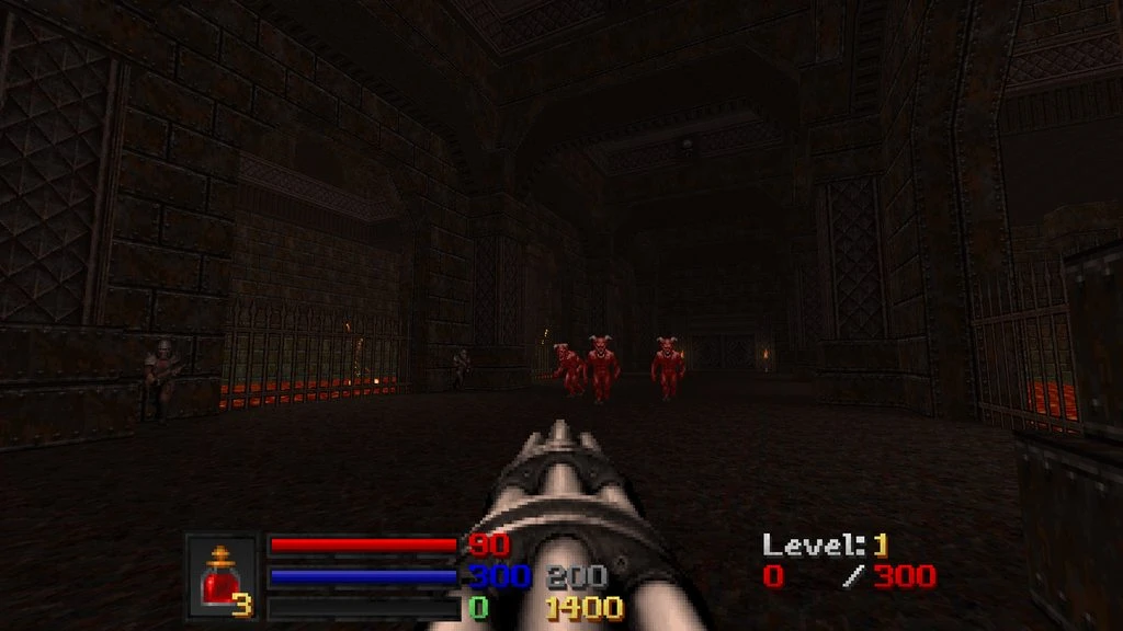 Screenshot of Doom II mod Abysm X showing player using a heavy weapon against red demons in a dark dungeon