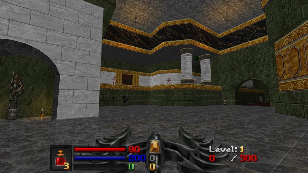 Player view in Doom II mod Abysm X Dance of Blood inside a large gothic temple with stone pillars and enemies
