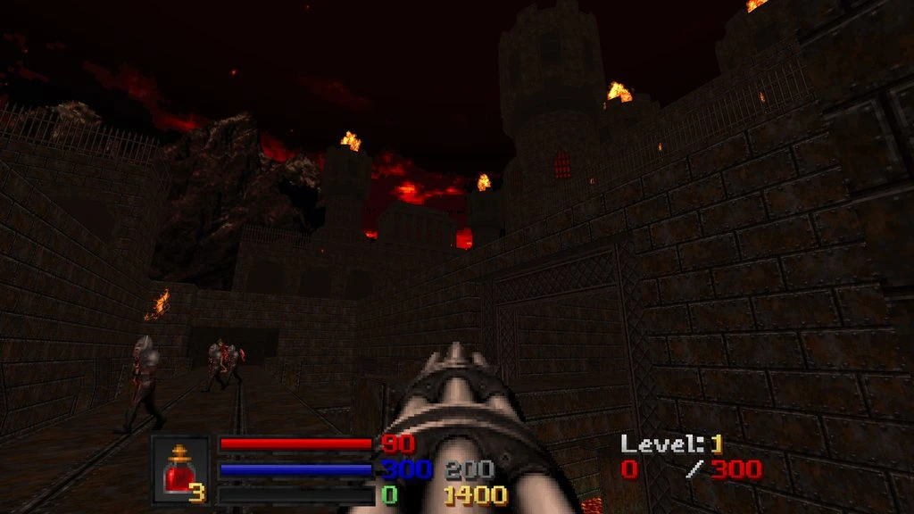 Player wielding heavy weapon in dark castle area with armored enemies and fiery torches in Doom II mod