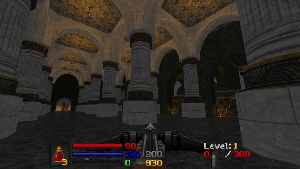 First-person view inside a stone cathedral with large columns and dark arches in Doom II mod