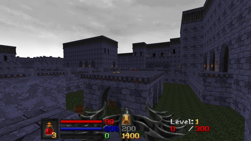 Doom II gameplay screenshot showing a dark stone castle level with HUD and health indicators