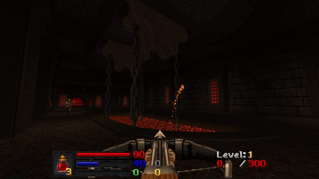 First-person view inside dark chamber with lava pit, chains, and approaching enemy in Doom II mod