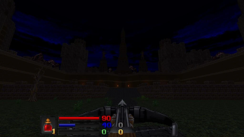 First-person view of crossbow aimed at dark castle walls under night sky in Doom II mod