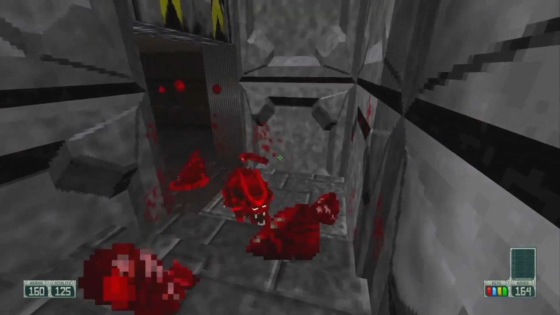 Вид від першої особи з піксельною кров’ю і частинами тіл у сірому коридорі з мода Doom II Alien Breed 3D 2