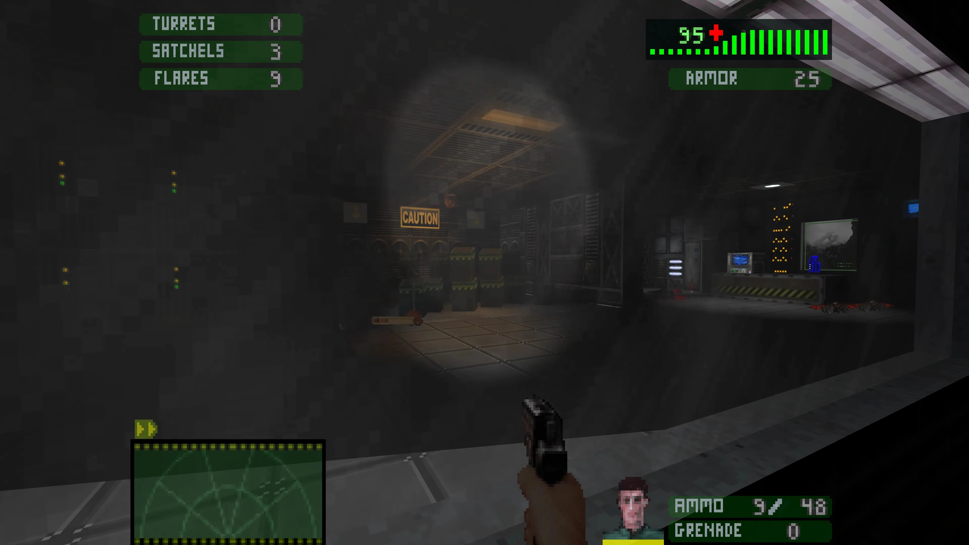 Captura de pantalla de Doom II con jugador sosteniendo una pistola en habitación industrial oscura con HUD de munición, salud, armadura y radar