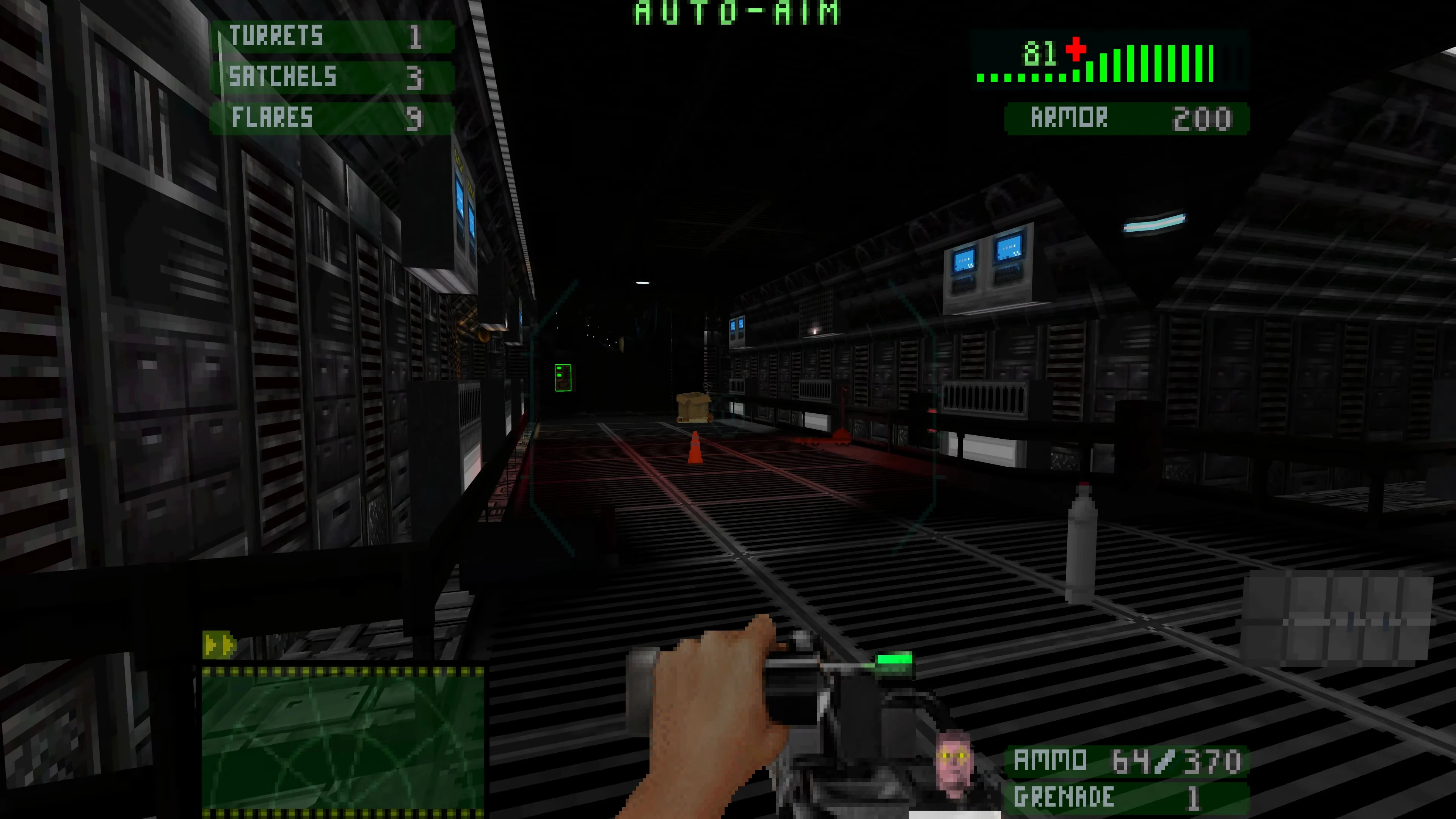 Jugador apuntando con arma en pasillo futurista oscuro con HUD que muestra torretas, explosivos, bengalas, salud y armadura en mod de Doom II