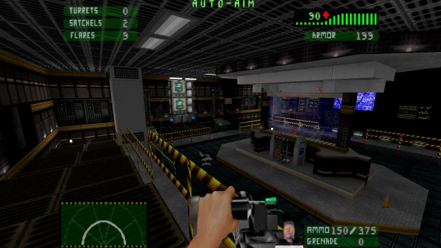Escena en primera persona con arma en base industrial oscura en mod Aliens Eradication TC