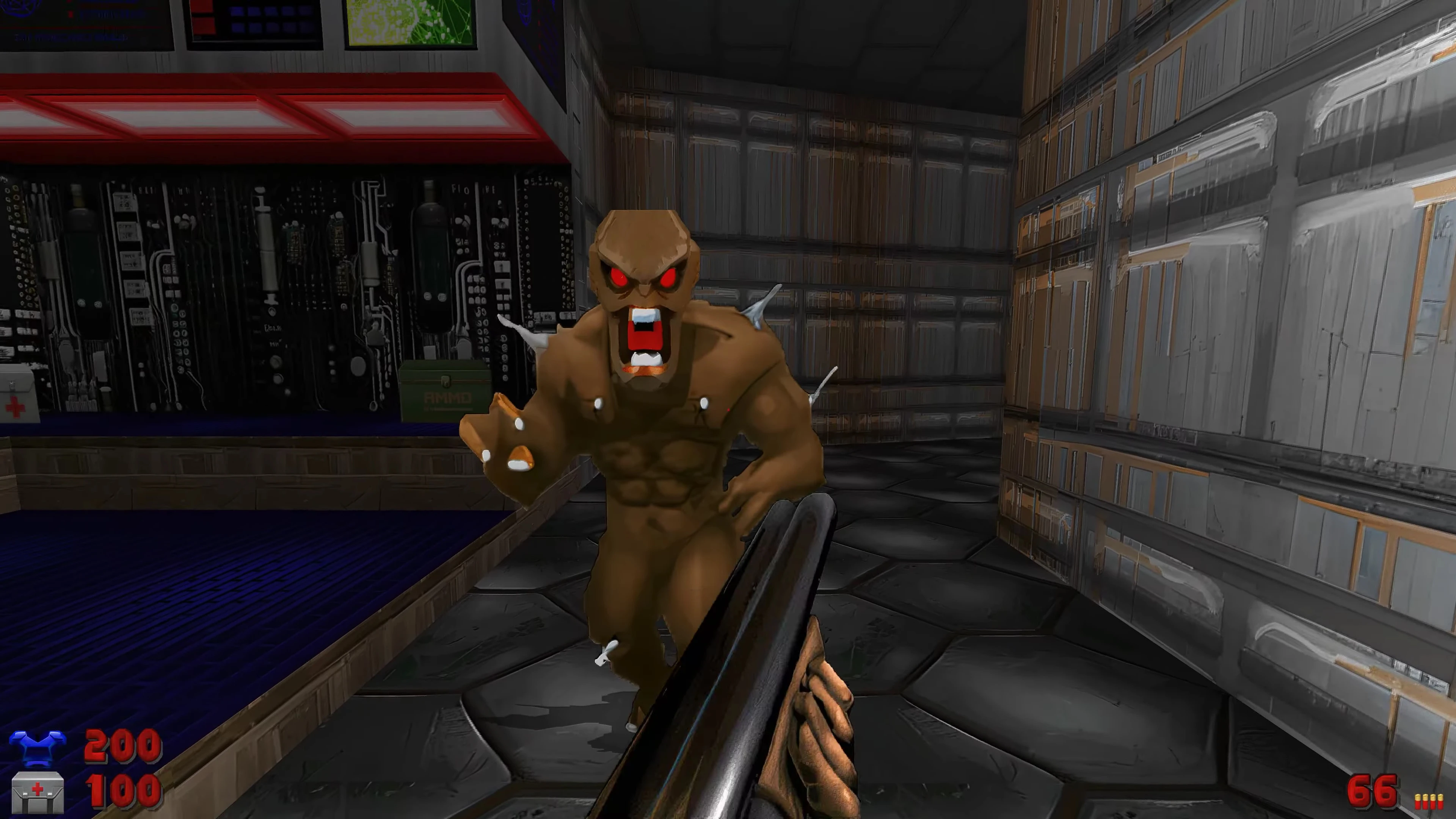 Ego-Perspektive eines Spielers, der mit Schrotflinte auf braunen Dämon im Anidoom Mod für Doom II schießt