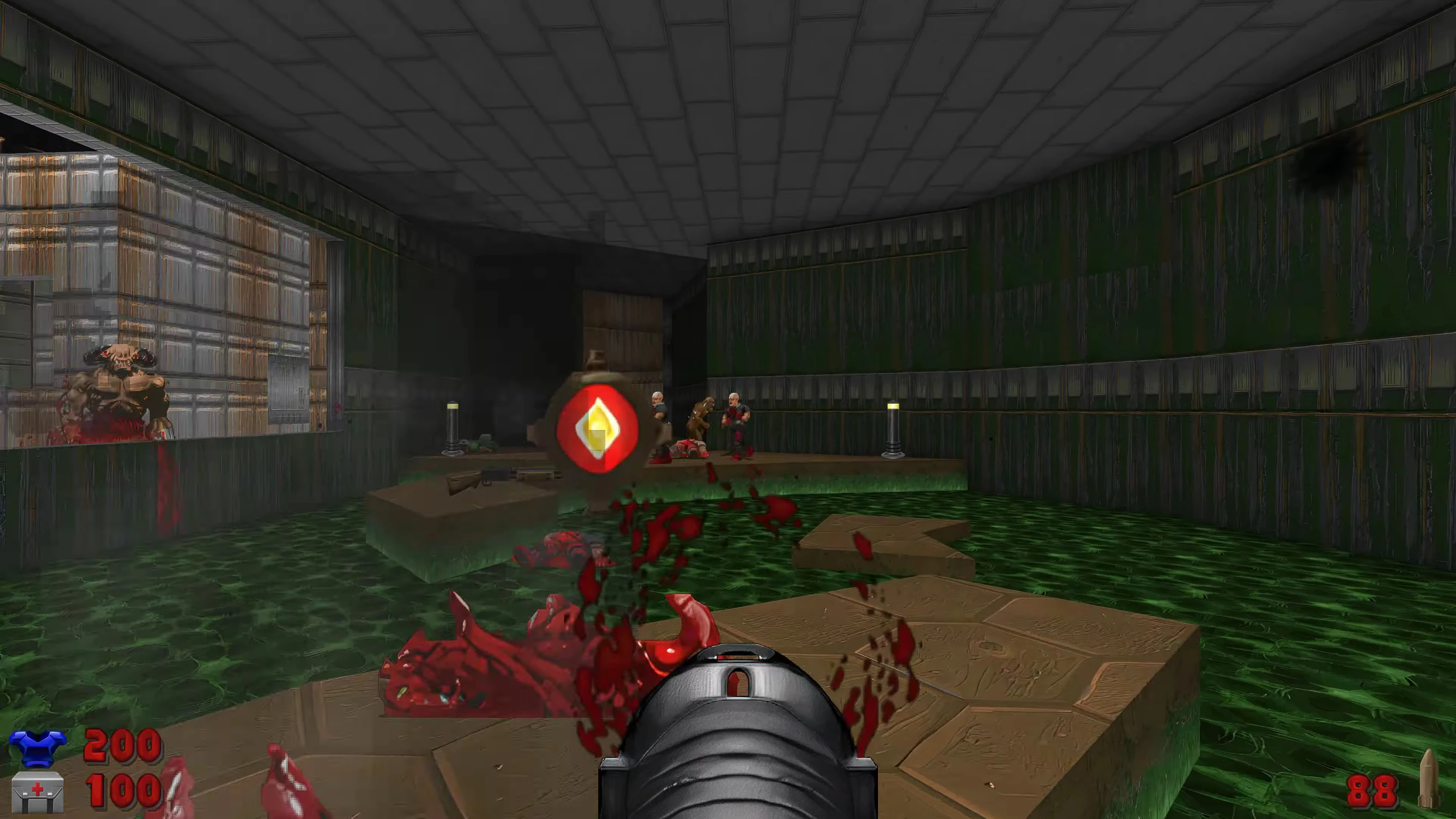 Gameplay-Screenshot aus der Ich-Perspektive mit Schuss auf Monster in einem Raum mit giftiger grüner Flüssigkeit im Doom II Mod Anidoom