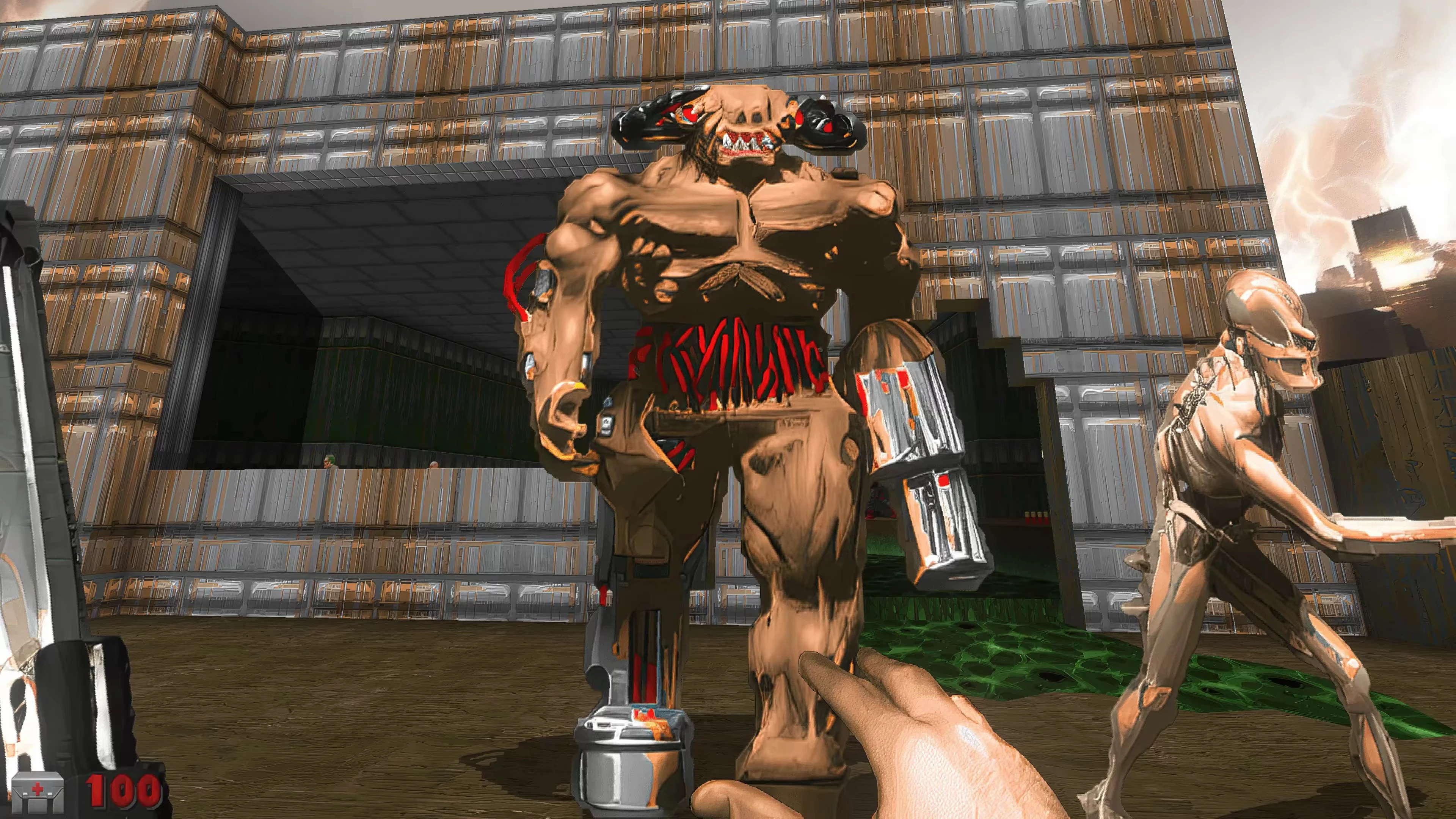 Erste-Person-Ansicht im Doom II Mod Anidoom mit großem dämonischem Wesen und futuristischem humanoiden Gegner