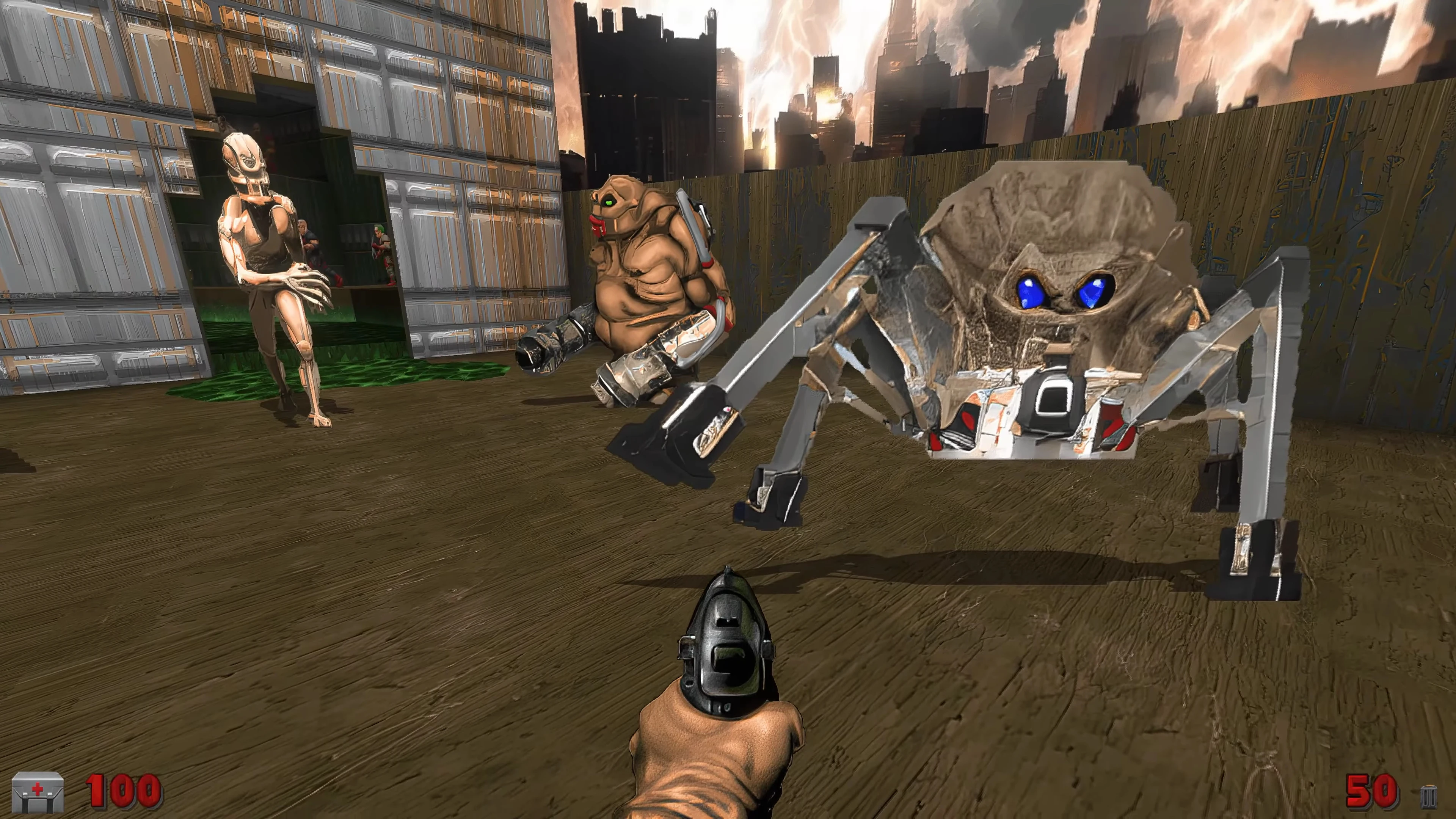 Ego-Perspektive im Doom II Mod Anidoom mit robotischen Gegnern mit blauen Augen in einer Holz- und Metallarena