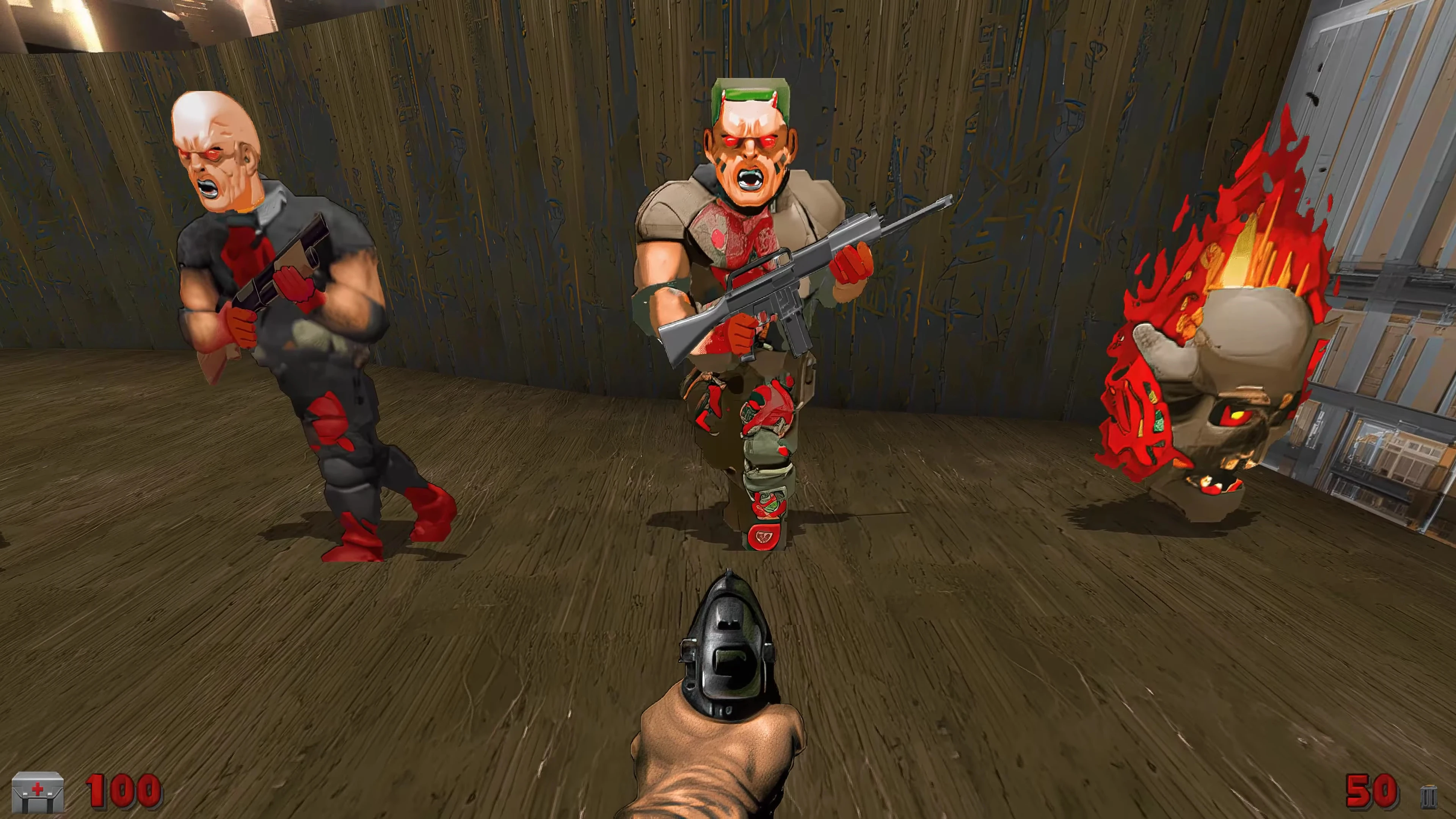 Erste-Person-Perspektive auf Spieler, der mit Pistole auf drei verbesserte Dämonen mit unterschiedlichem Aussehen im Anidoom-Mod zielt