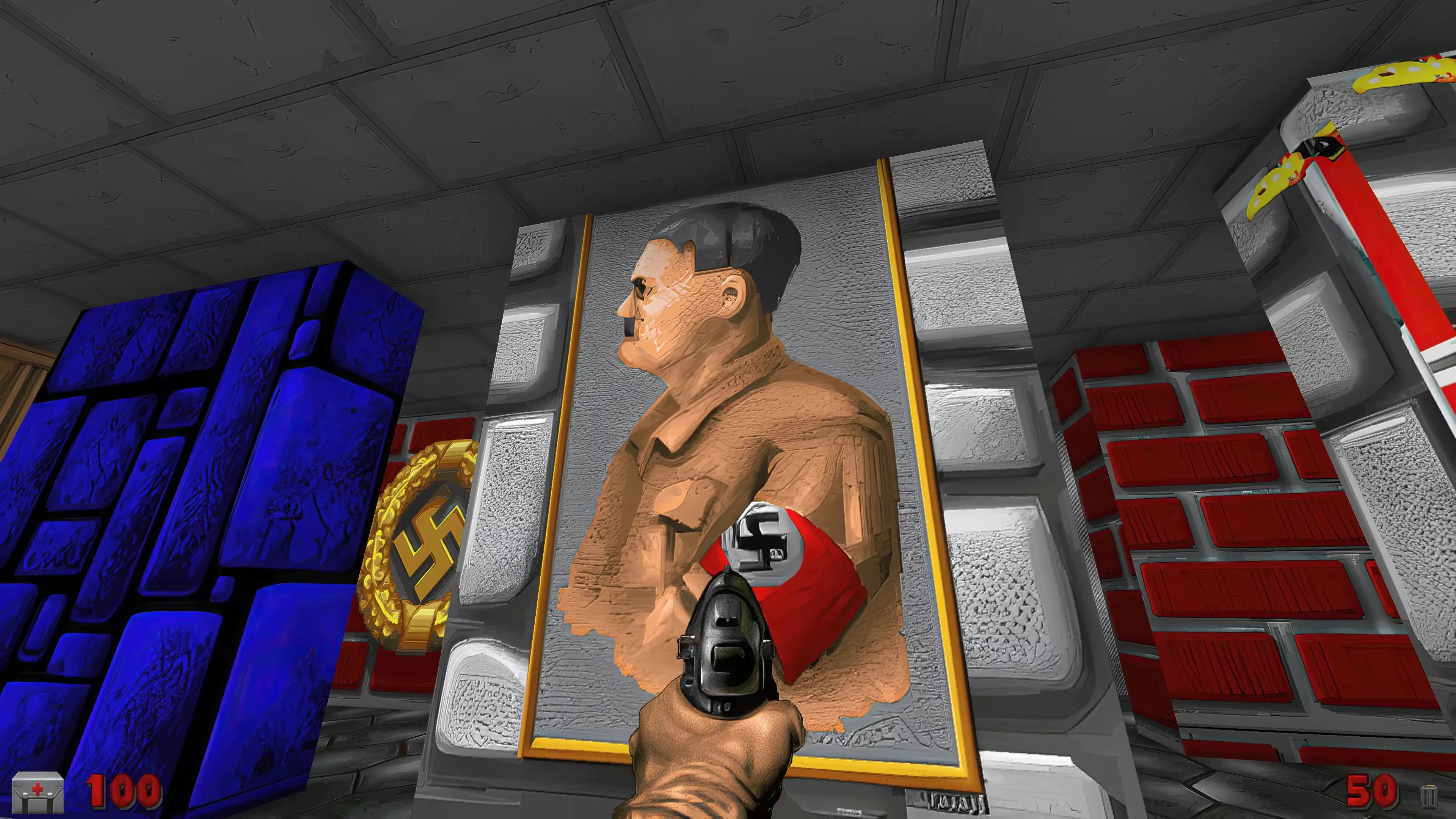 Ego-Perspektive mit Pistole auf gerahmtes Porträt eines Mannes mit Nazi-Armbinde in einem Retro-Spielraum