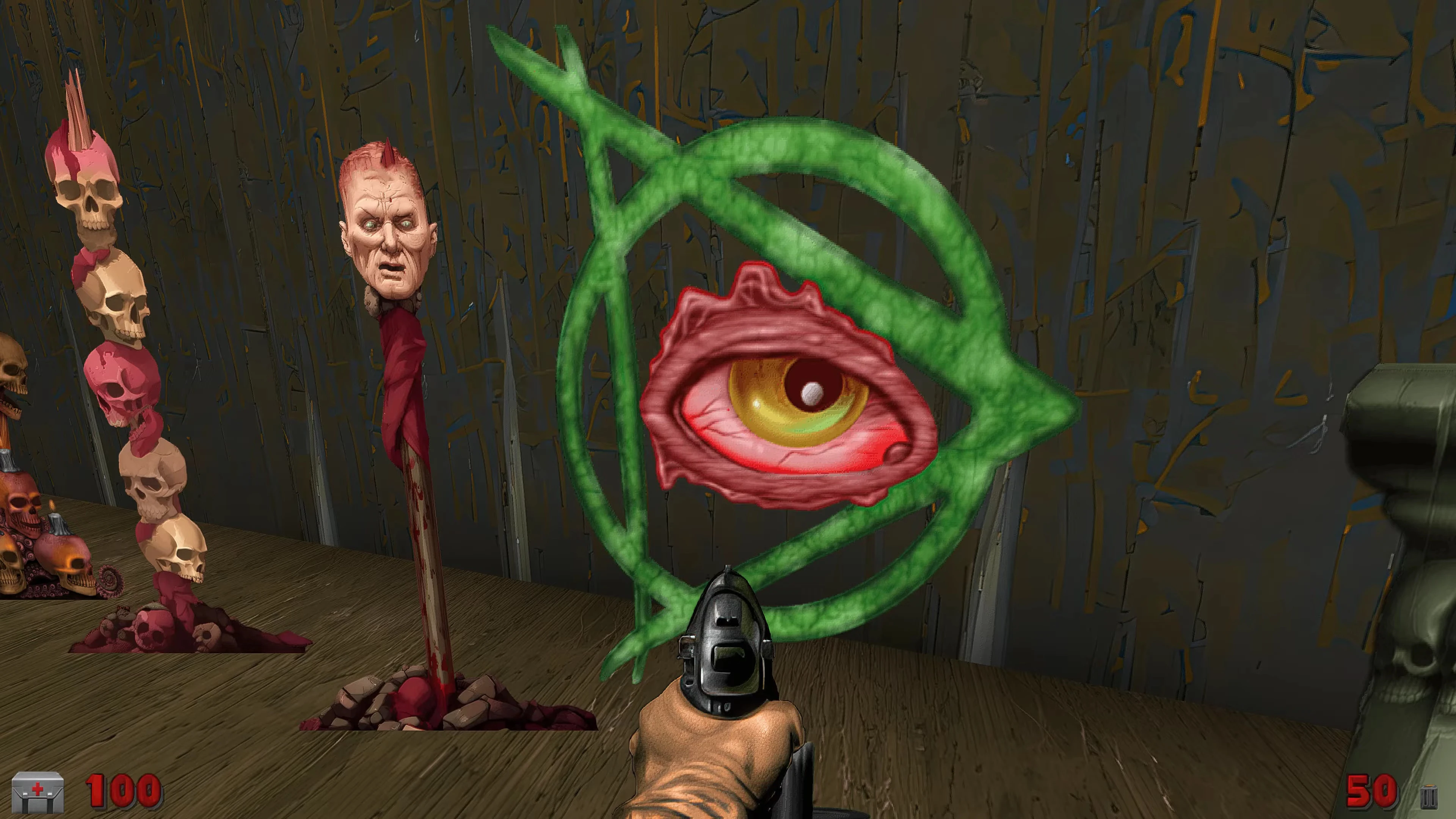 Erste-Person-Sicht in Doom II mit Pistole auf großes grünes dämonisches Augensymbol und Totem mit menschlichem Kopf gerichtet