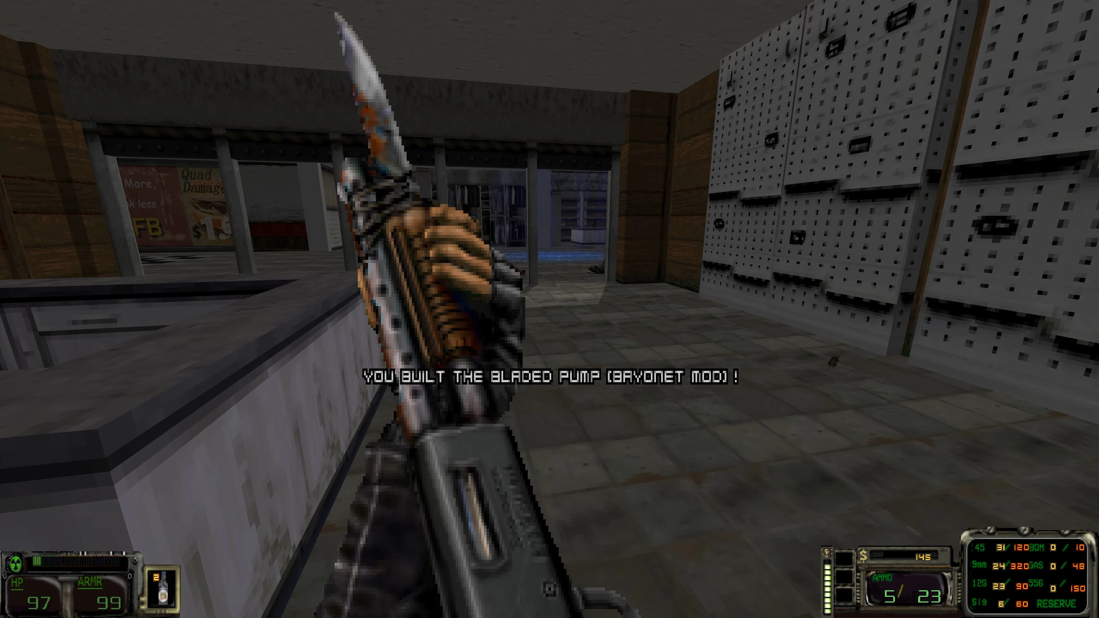 Pantalla en primera persona del mod Ashes Blackwater para Doom II mostrando escopeta con bayoneta