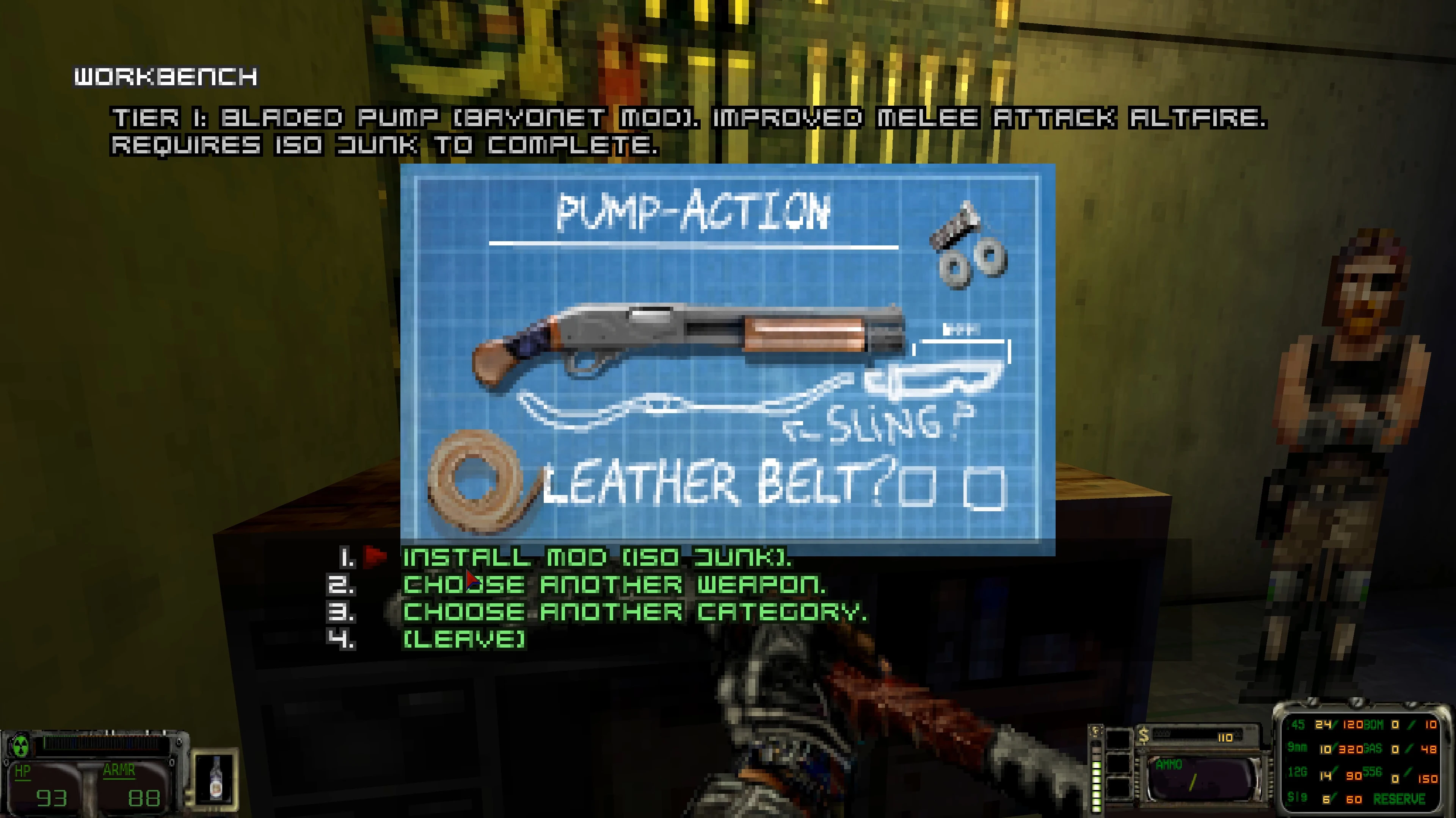 Captura de pantalla del menú de banco de trabajo para fabricar una escopeta de bomba con hoja y plano detallado en el mod Ashes Blackwater
