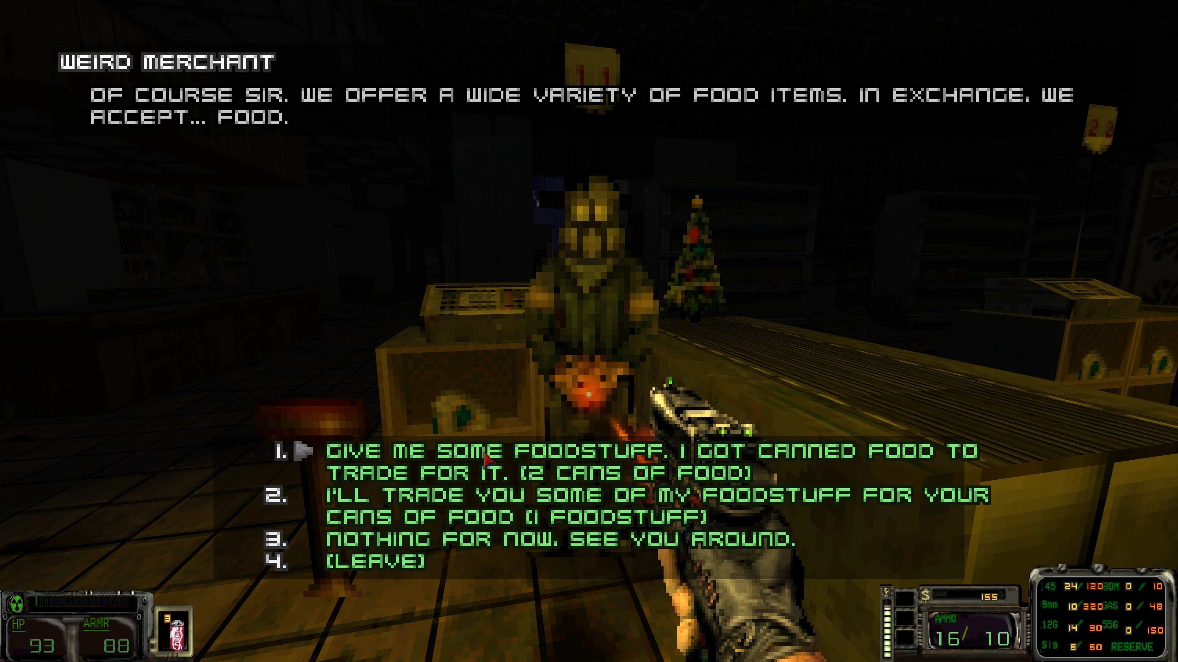 Jugador intercambiando comida enlatada con el NPC Weird Merchant dentro de una tienda oscura en el mod Ashes Blackwater de Doom II