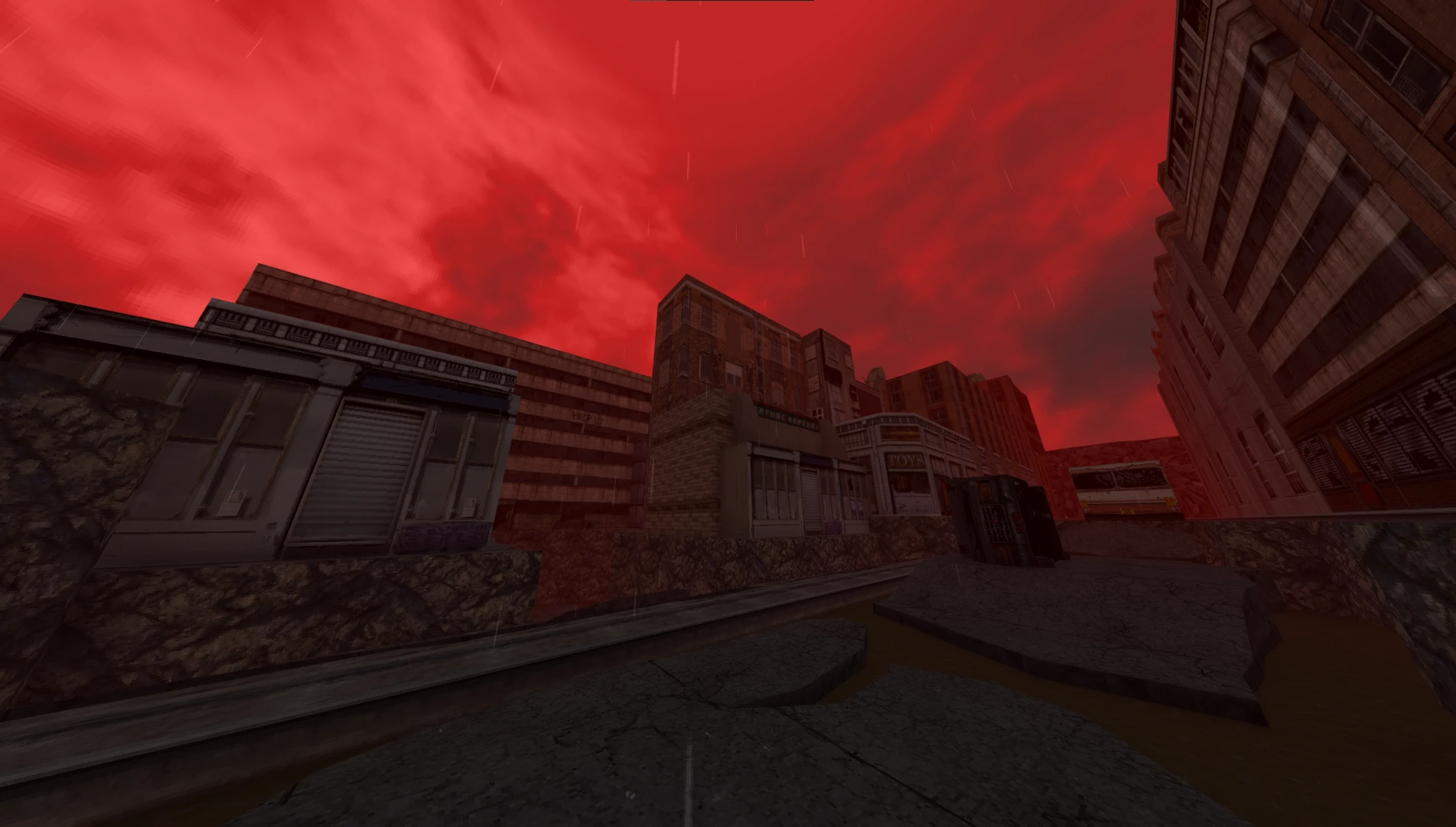 Edificios urbanos en ruinas bajo un cielo rojo oscuro con lluvia en el mod Ashes Blackwater de Doom II