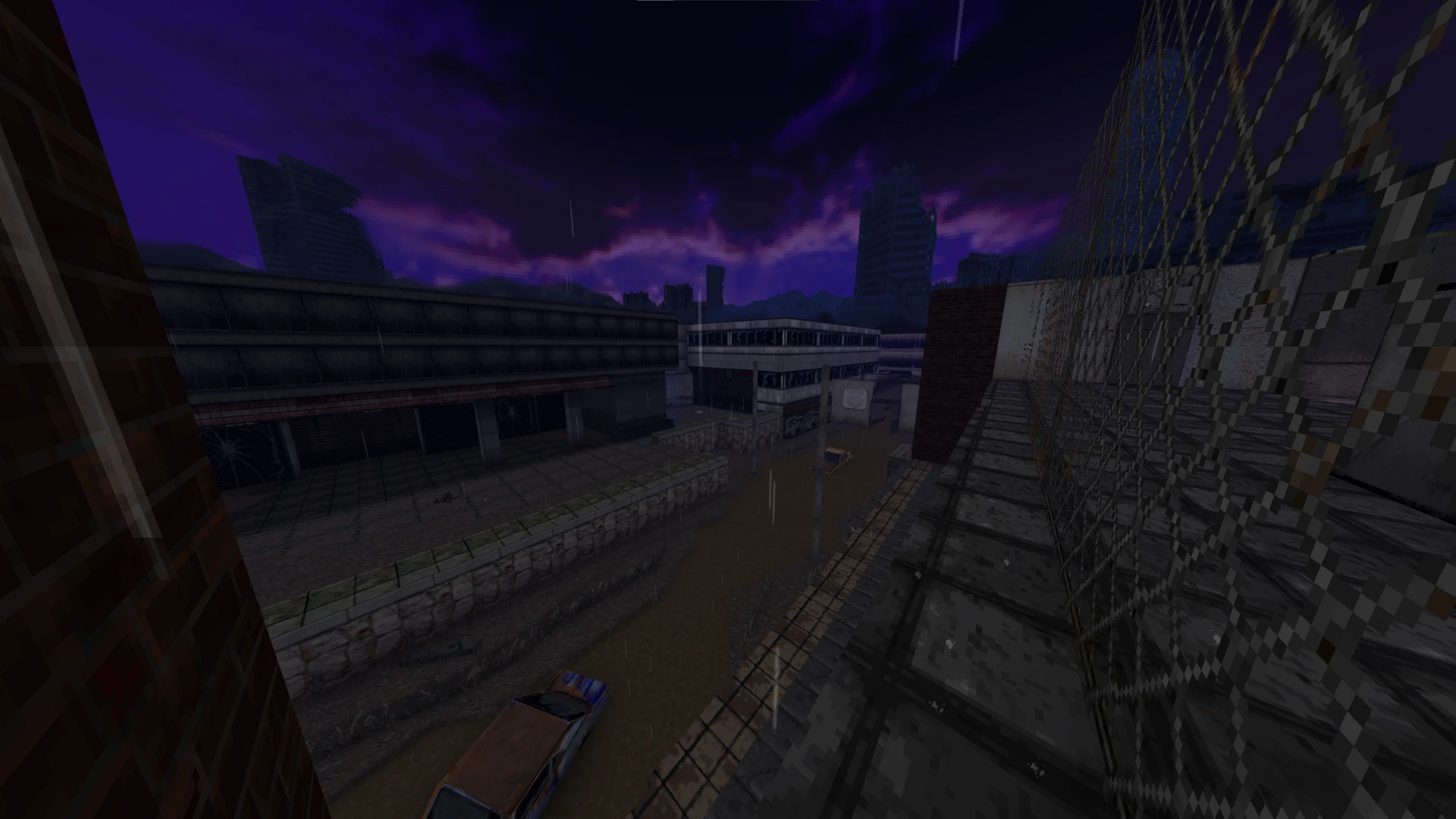 Entorno urbano nocturno con edificios en ruinas y clima lluvioso en el mod Ashes Blackwater para Doom II
