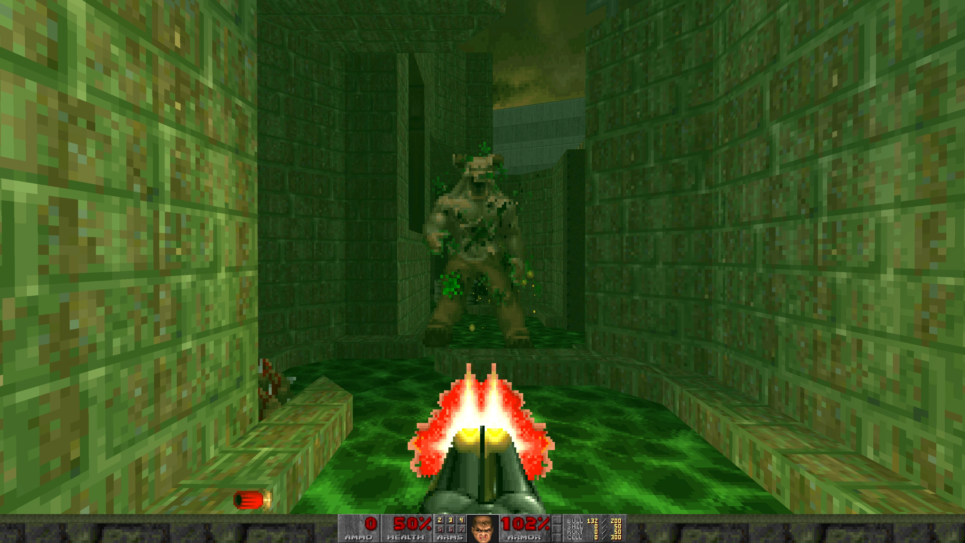 First-person view in Doom II mod Babel showing a player firing a shotgun at a toxic minotaur creature in a green-tiled corridor