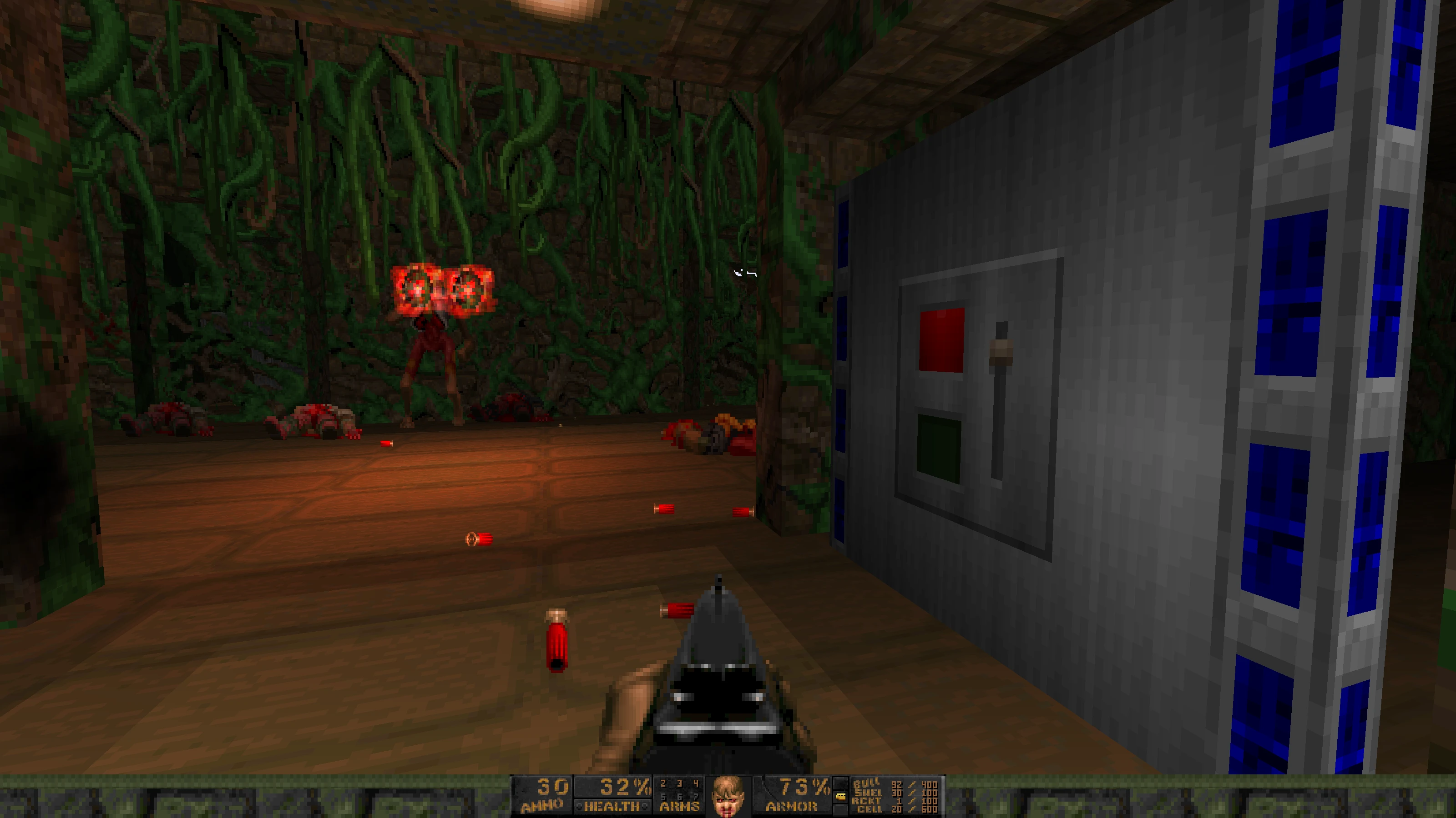 First-person view in Doom II mod Babel with shotgun aimed at a demon in a vine-covered room