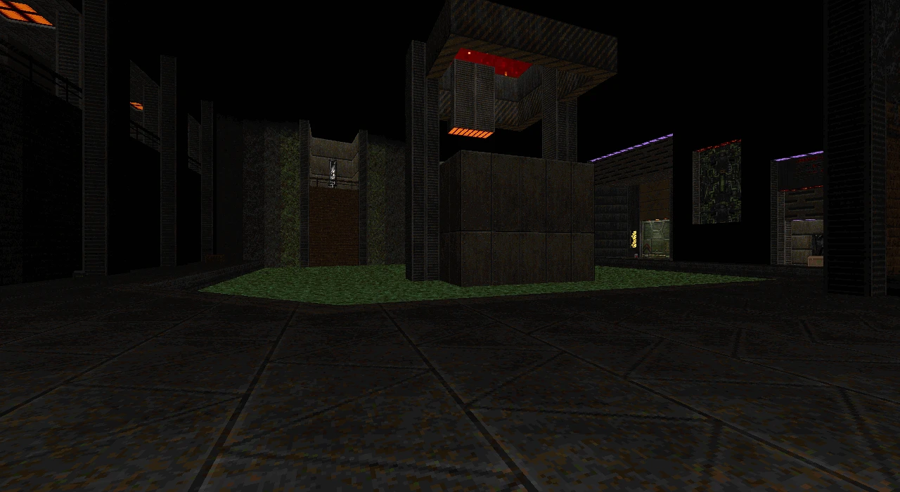 Captura de pantalla de una sala oscura con texturas metálicas y suelo verde en el mod Back to Saturn X de Doom II