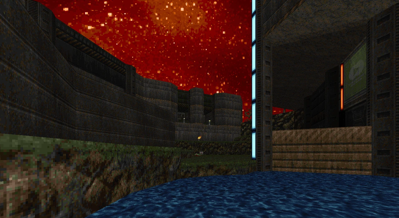 Captura de pantalla de una fortaleza oscura de piedra junto a agua azul con cielo rojo pixelado en el mod Doom II Back to Saturn X