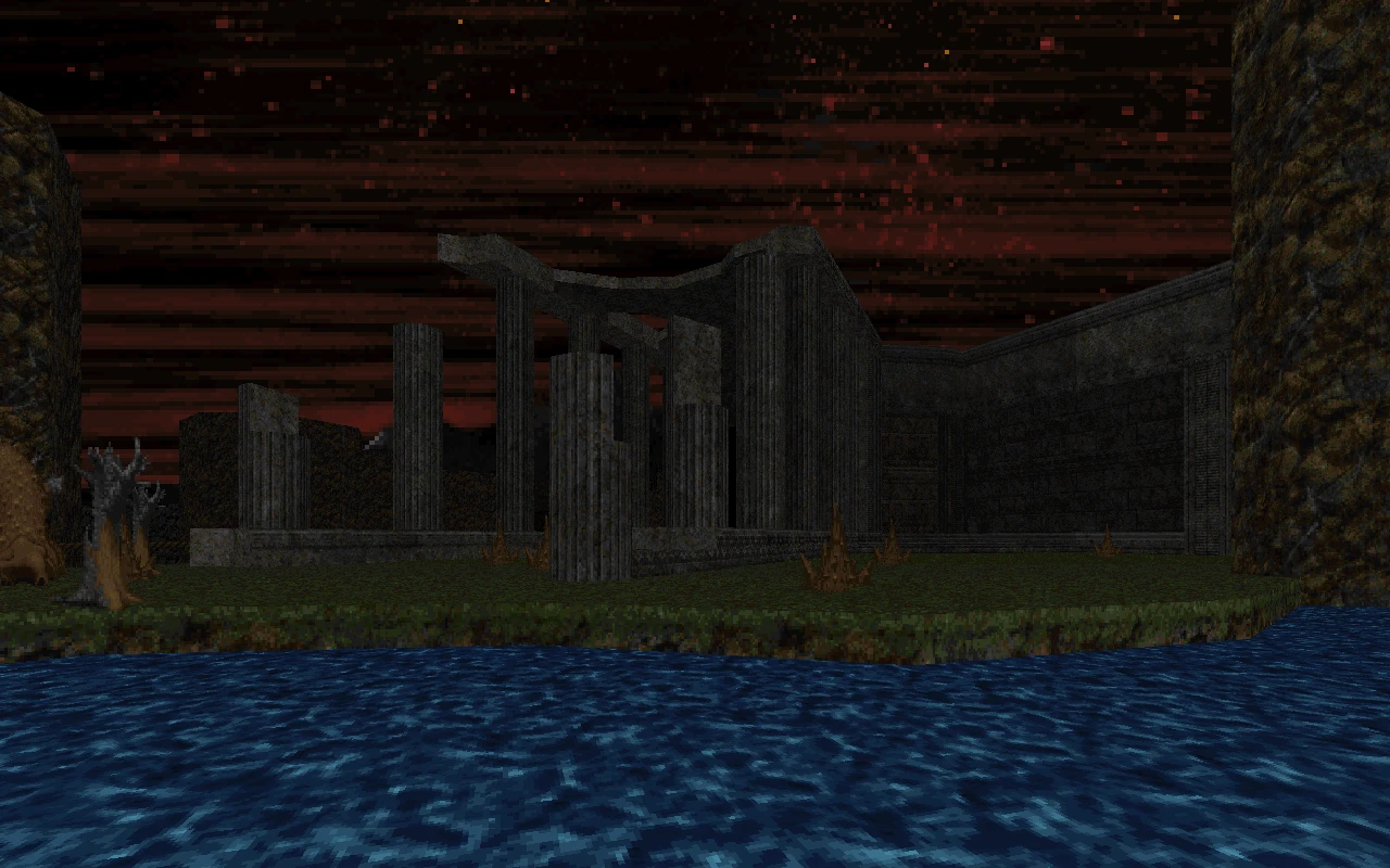 Ruinas antiguas pixeladas con columnas junto a un cuerpo de agua bajo un cielo rojo oscuro en el mod de Doom II Back to Saturn X