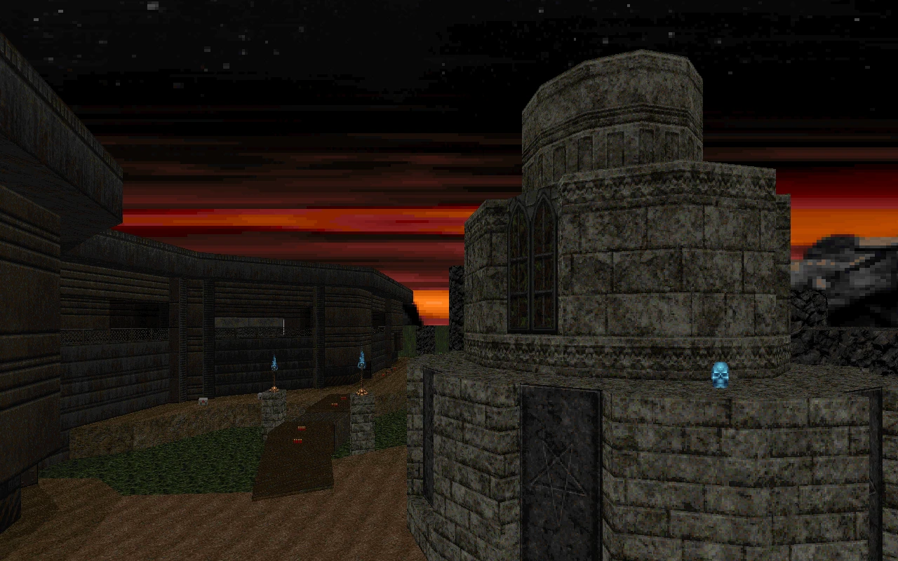 Vista dentro del juego de un edificio circular de piedra detallado y un camino en el mod Back to Saturn X para Doom II durante el atardecer
