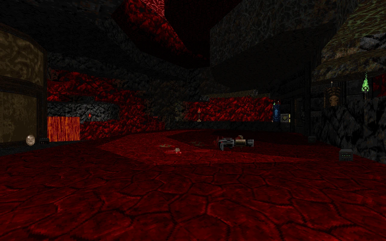 Captura del mod Back to Saturn X en Doom II mostrando una sala con lava roja y armas esparcidas
