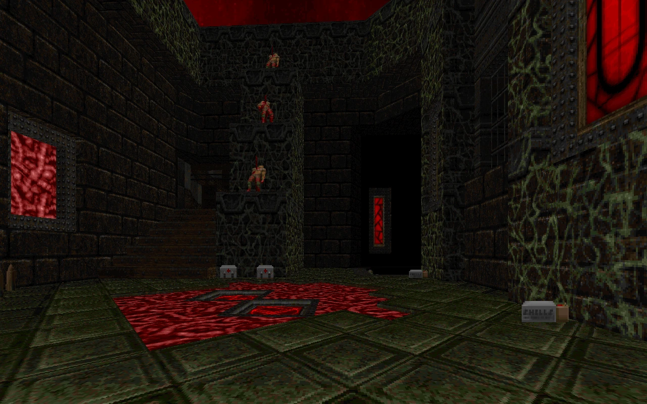 Captura del mod Back to Saturn X de Doom II mostrando un pasillo oscuro con cadáveres colgantes y manchas de sangre en el suelo