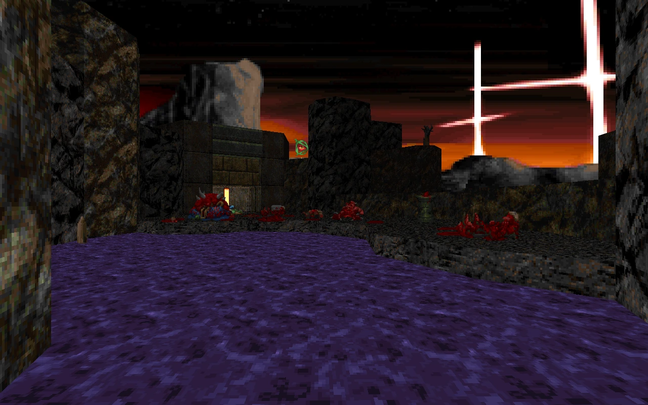 Captura del mod Back to Saturn X de Doom II mostrando zona rocosa oscura con lodo púrpura y cielo rojizo al atardecer