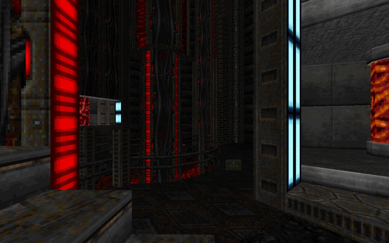 Captura de pantalla de una sala industrial con poca luz con pilares rojos brillantes y paneles de luz azul en el mod Back to Saturn X de Doom II