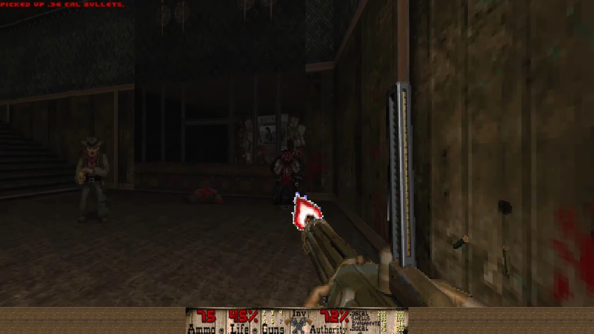 Player using a minigun against enemies in a dimly lit indoor setting in Doom II Bastardos mod