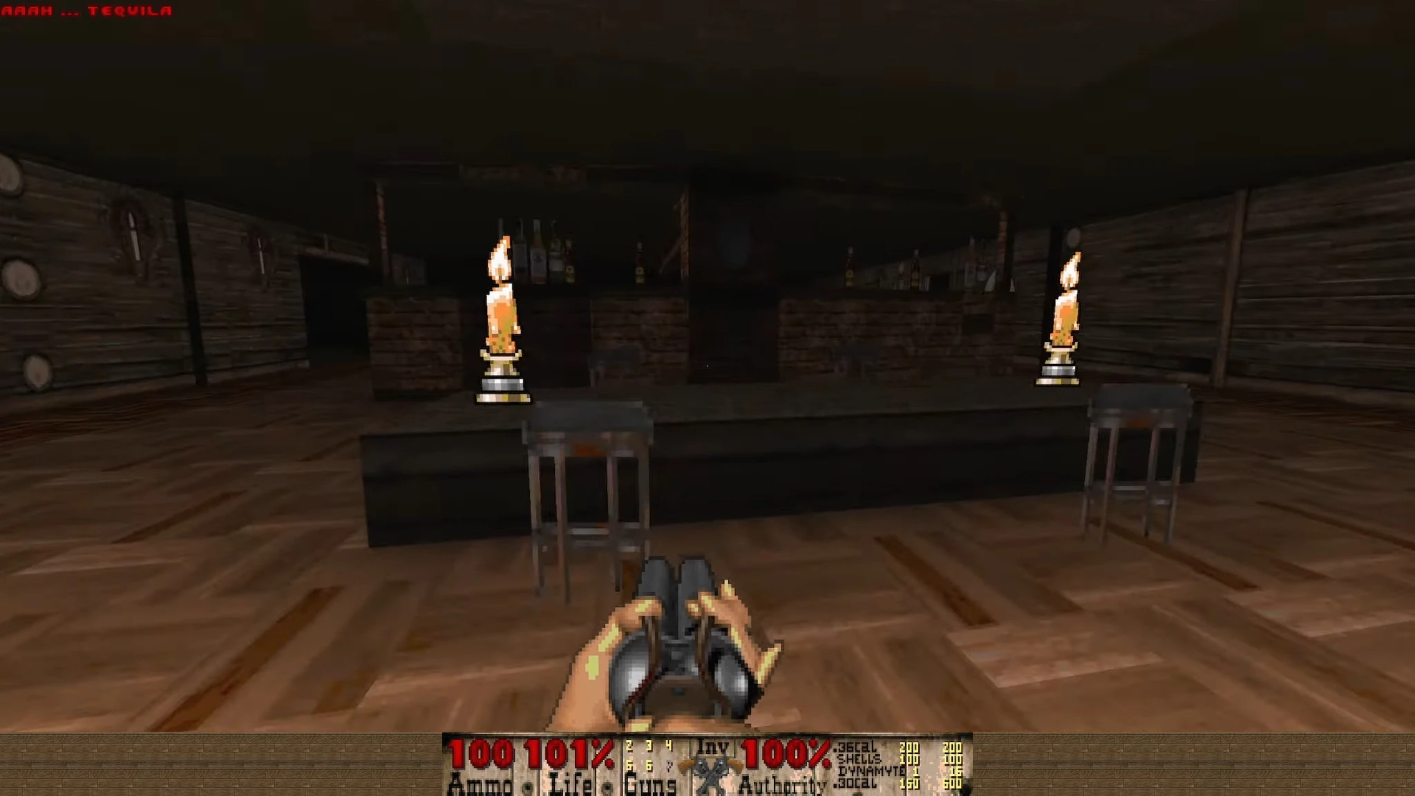 First-person view of a dimly lit rustic bar with candles and bottles in Doom II Bastardos mod