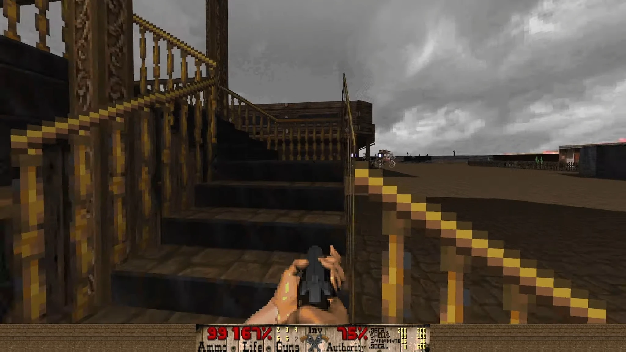 First-person view of wooden staircase and a stagecoach in the distance in Doom II Bastardos mod