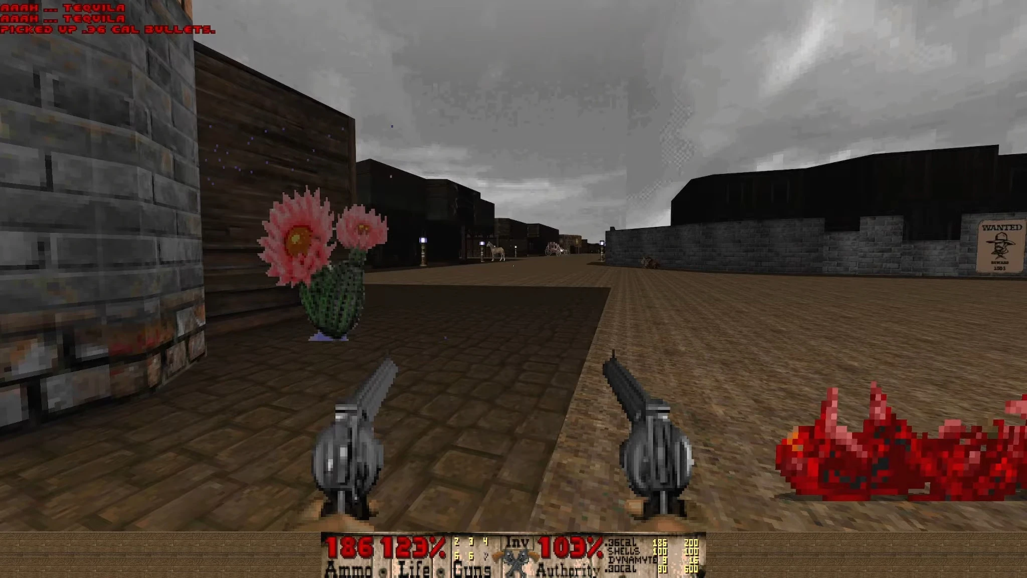 Doom II mod Bastardos showing dual pistols, a cactus flower, horse, and carriage on a cloudy street