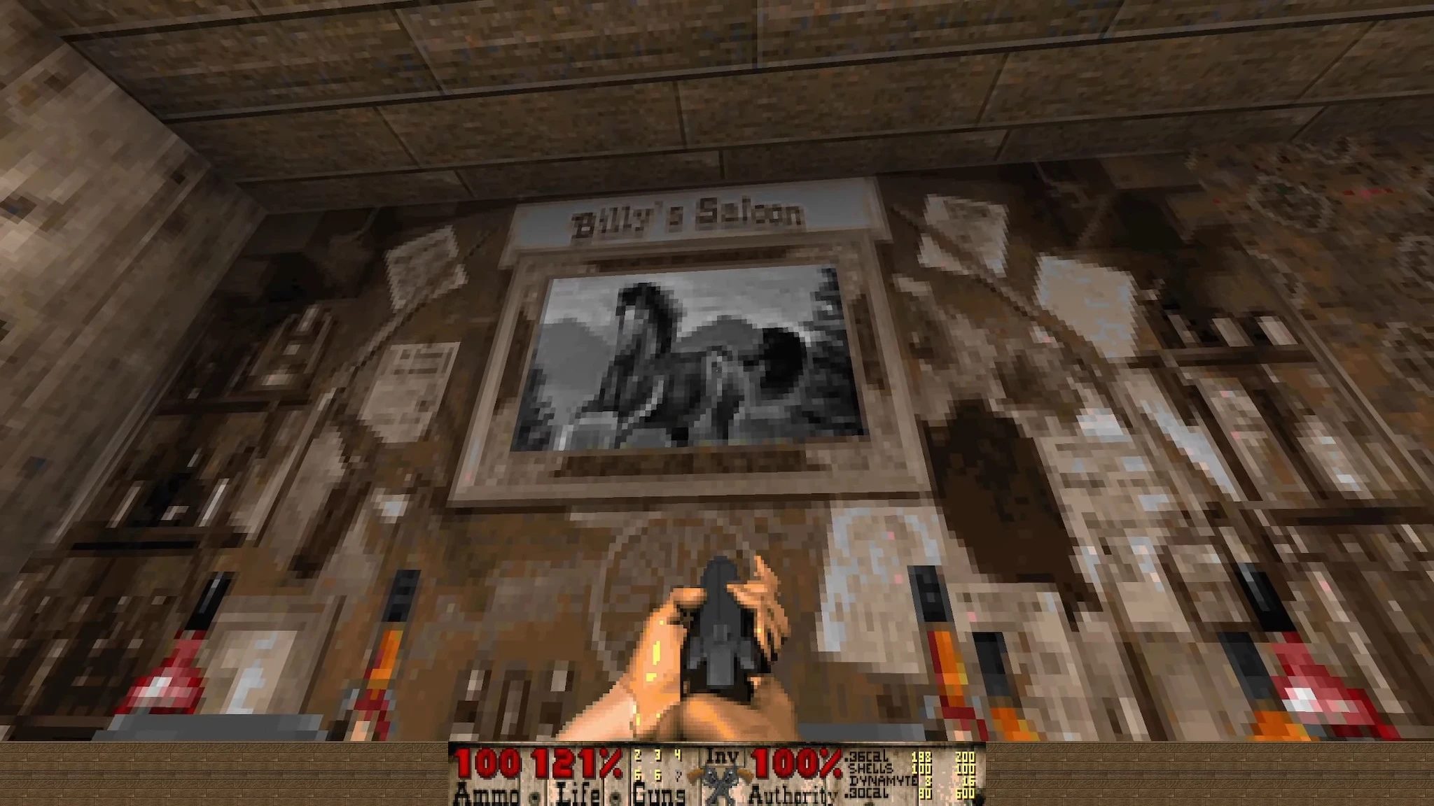 In-game view of a richly detailed wall with a framed image titled 'Bully's Saloon' in Doom II mod Bastardos