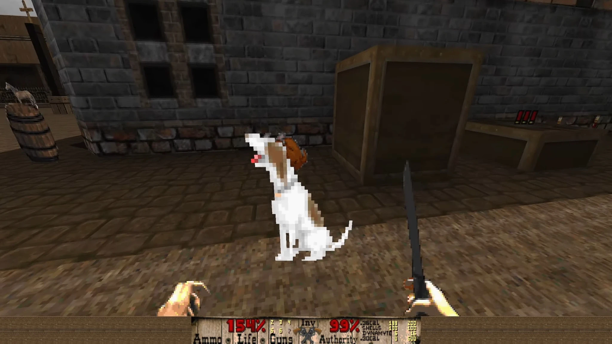 In-game screenshot showing pixelated dog and medieval building interiors in Doom II Bastardos mod