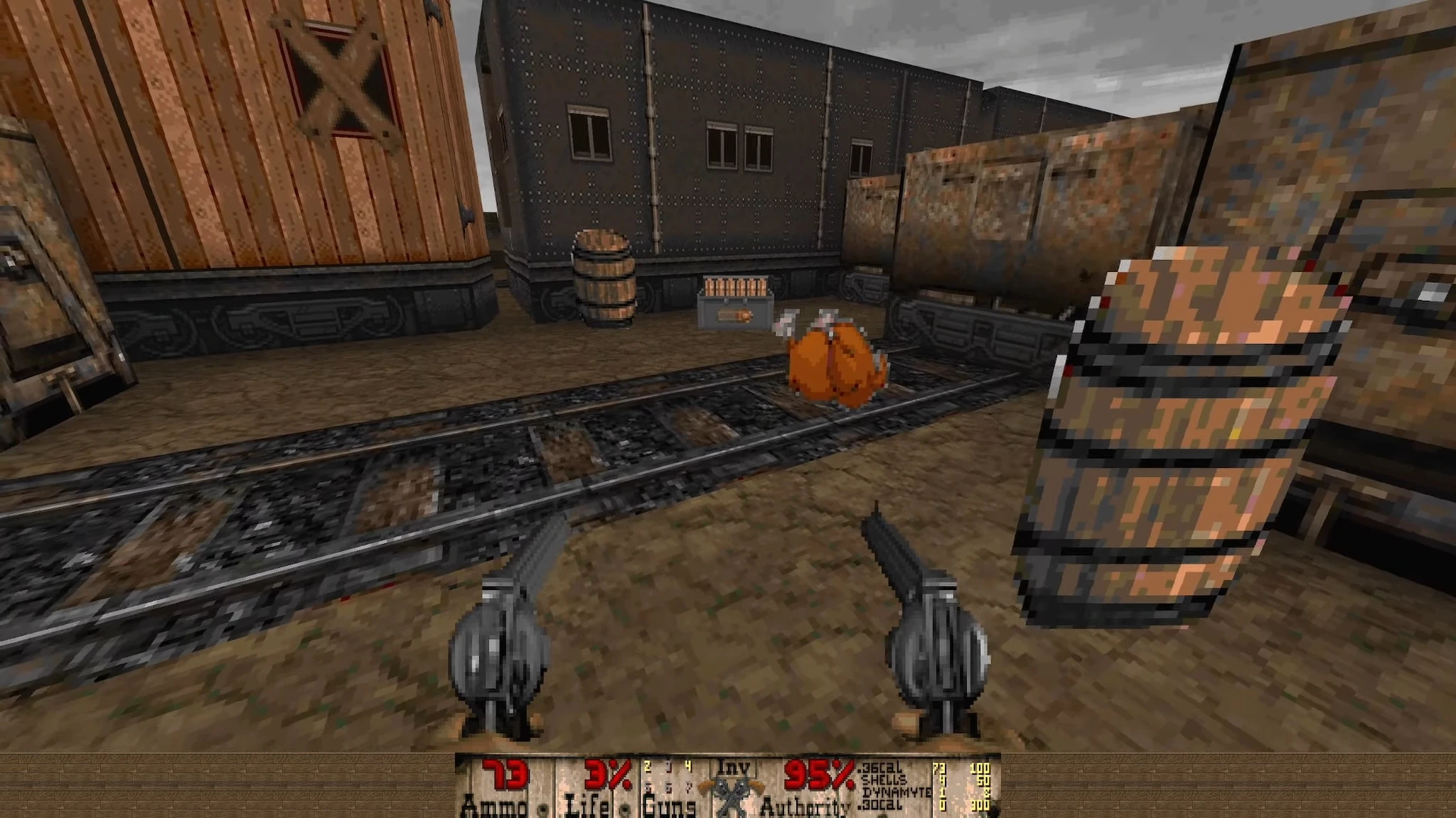 First-person view showing dual pistols in industrial train yard with barrels and ammo in Doom II Bastardos mod