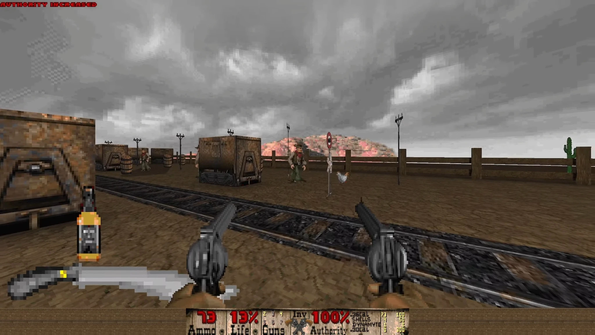 First-person view in Doom II Bastardos mod showing dual revolvers, train tracks, NPCs, and a cloudy sky