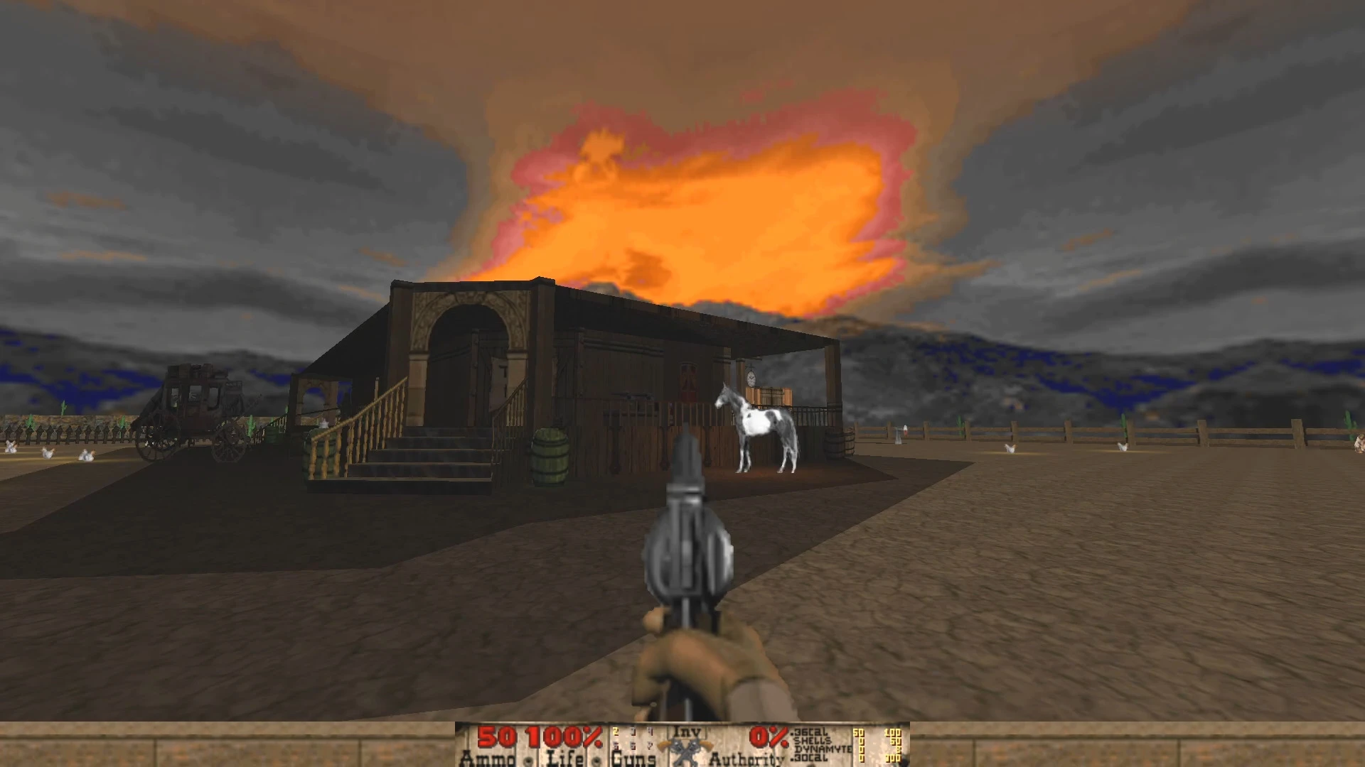 First-person view aiming a revolver at a western-style building next to a horse under a fiery orange sky in Doom II Bastardos mod