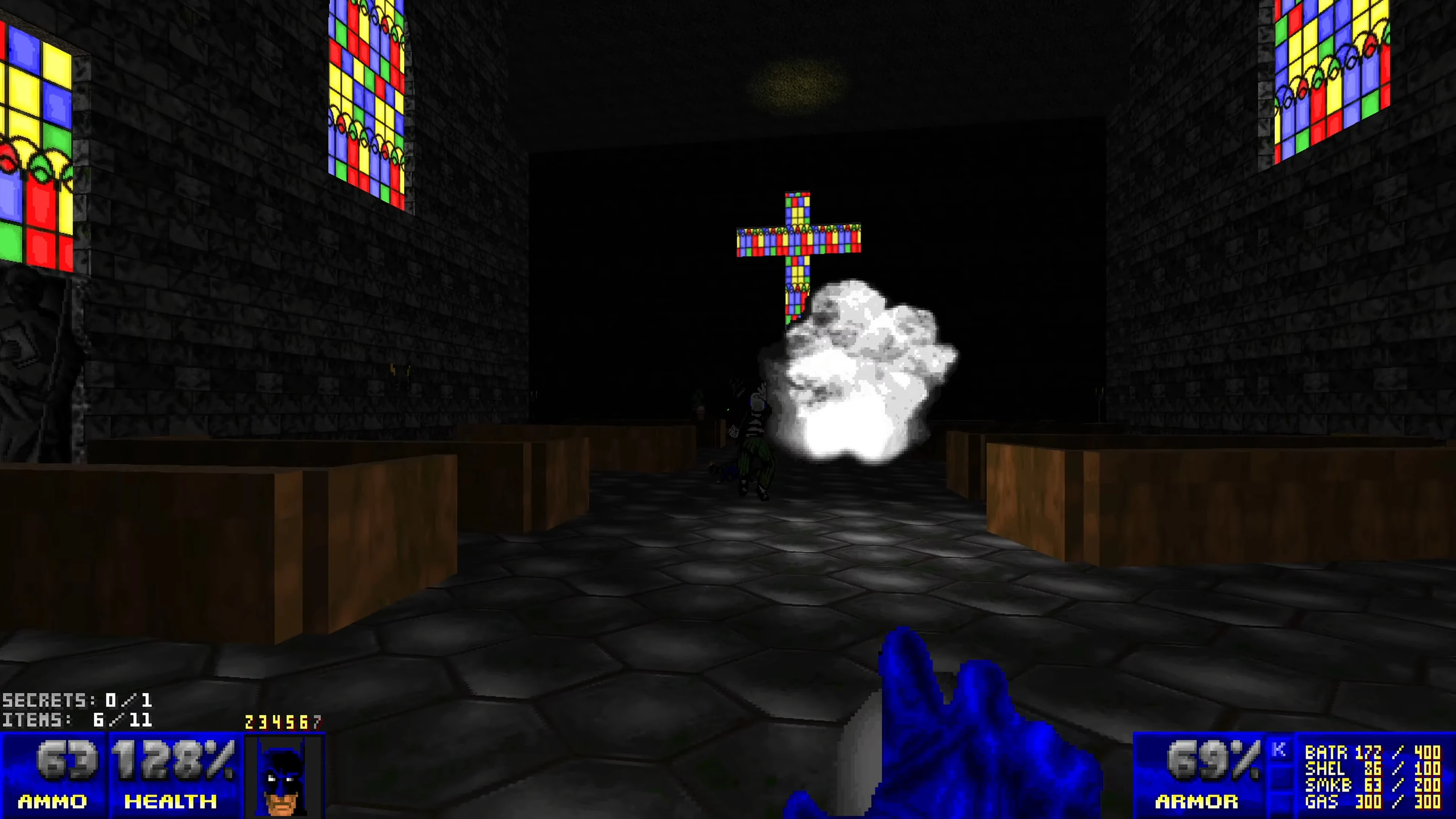 Screenshot from Batman Doom 1 Overhaul showing a dark church interior with stained glass windows and an explosion near a cross
