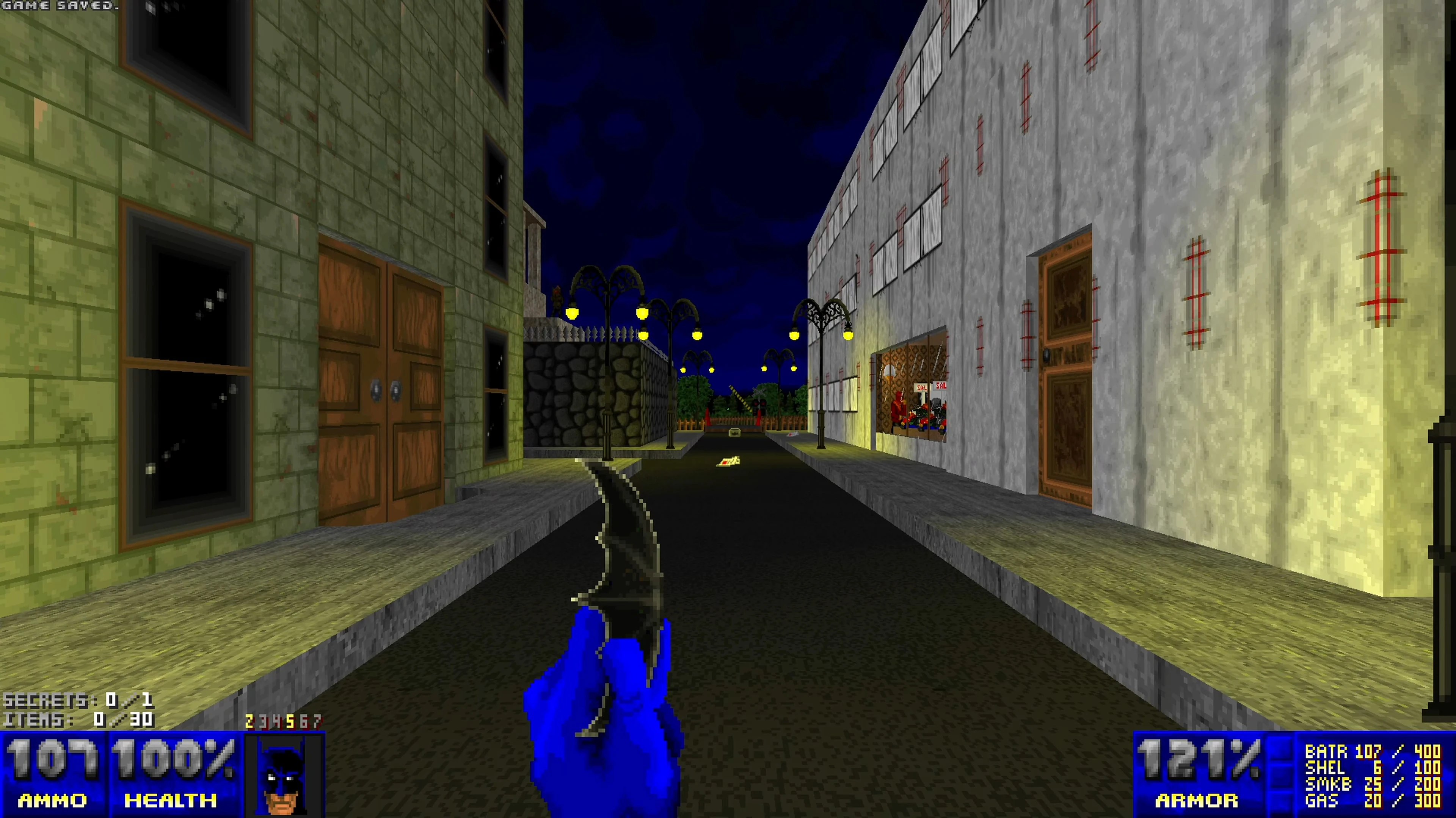 Player view of a dark city street at night holding a knife in Doom II Batman Doom 1 Overhaul mod
