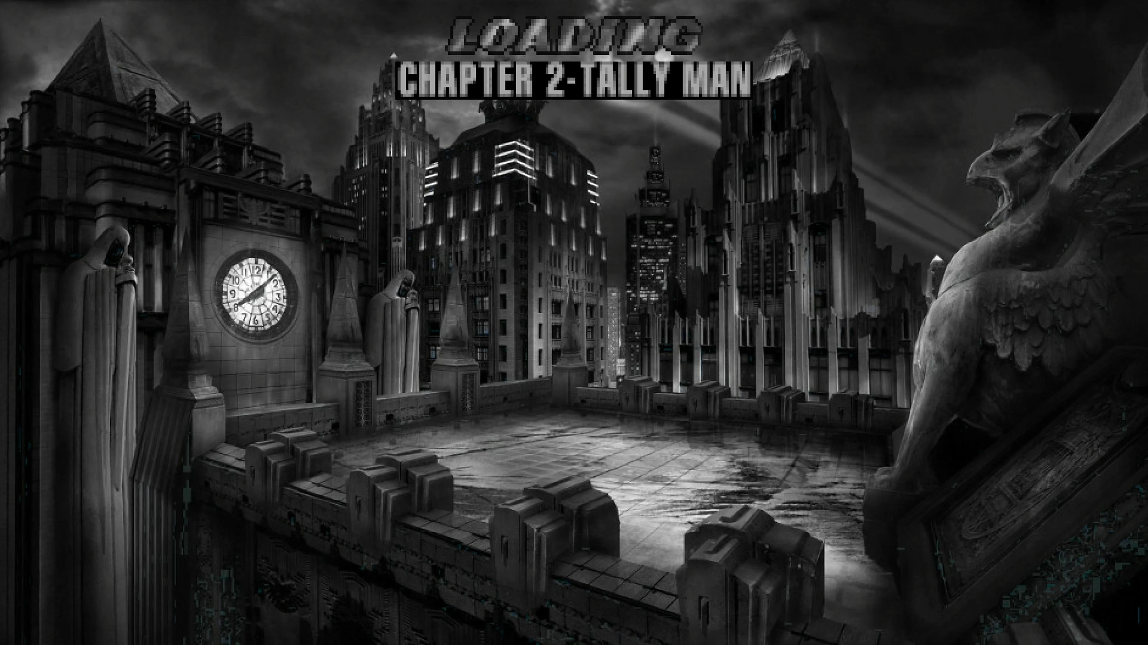 Black and white rooftop view of gothic city with clock tower and gargoyle statues in Batman Doom 1 Overhaul mod