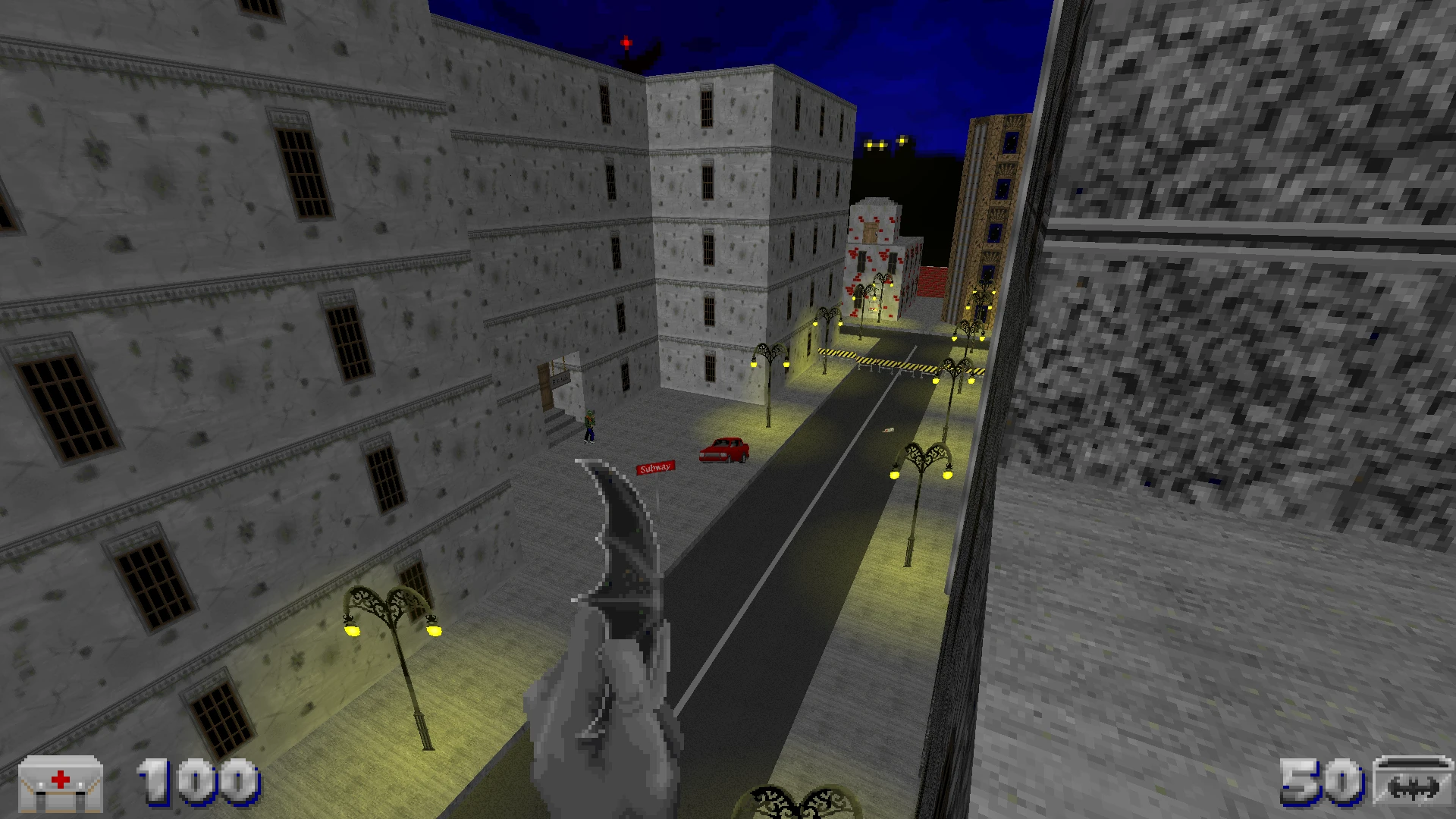 First-person view of a knife over an urban street at night with street lamps and buildings in Batman Doom 1 Overhaul mod