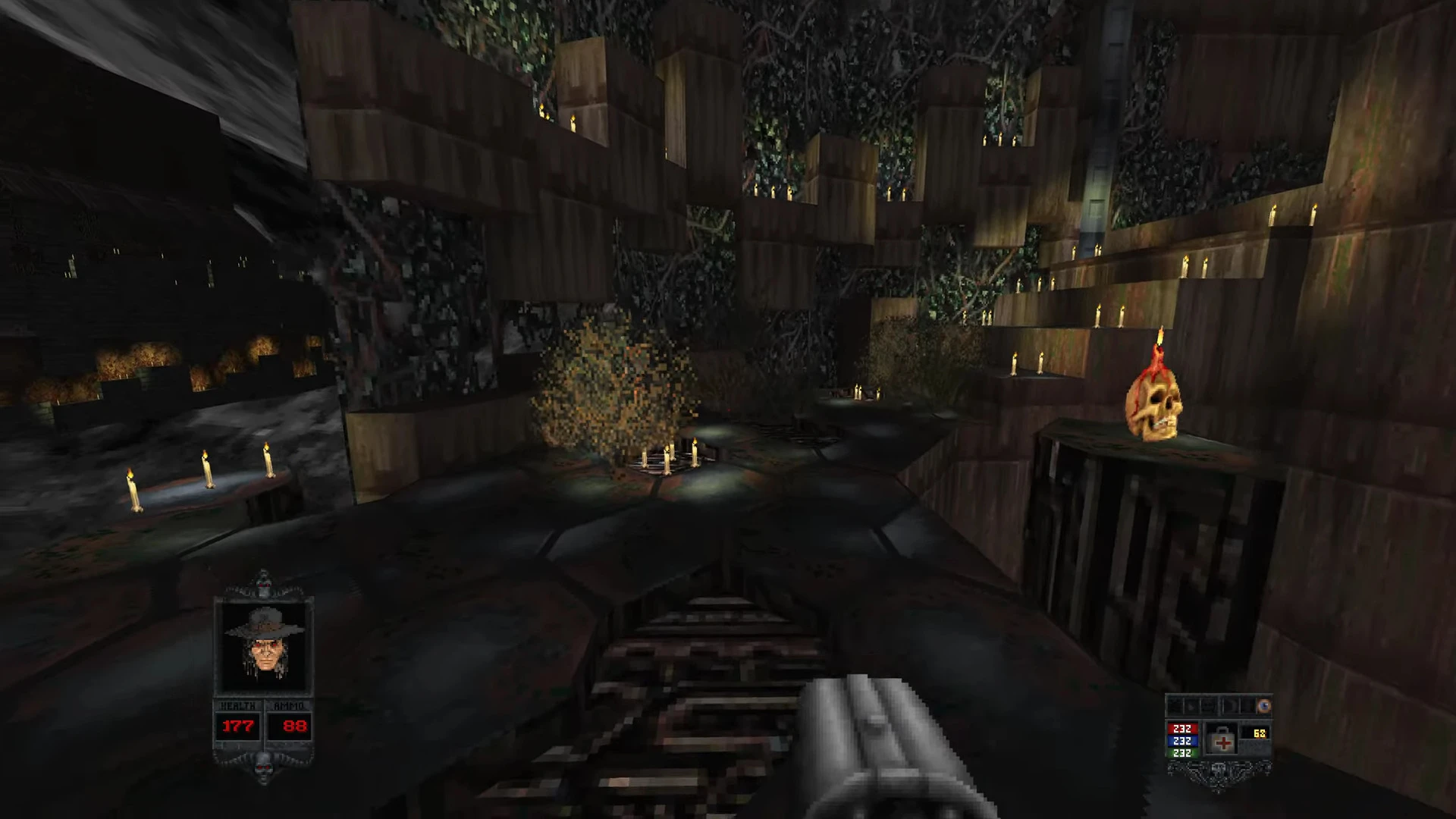 Вид від першої особи на темну підземну зону зі свічками, палаючим черепом і дробовиком у моді Bloom для Doom II