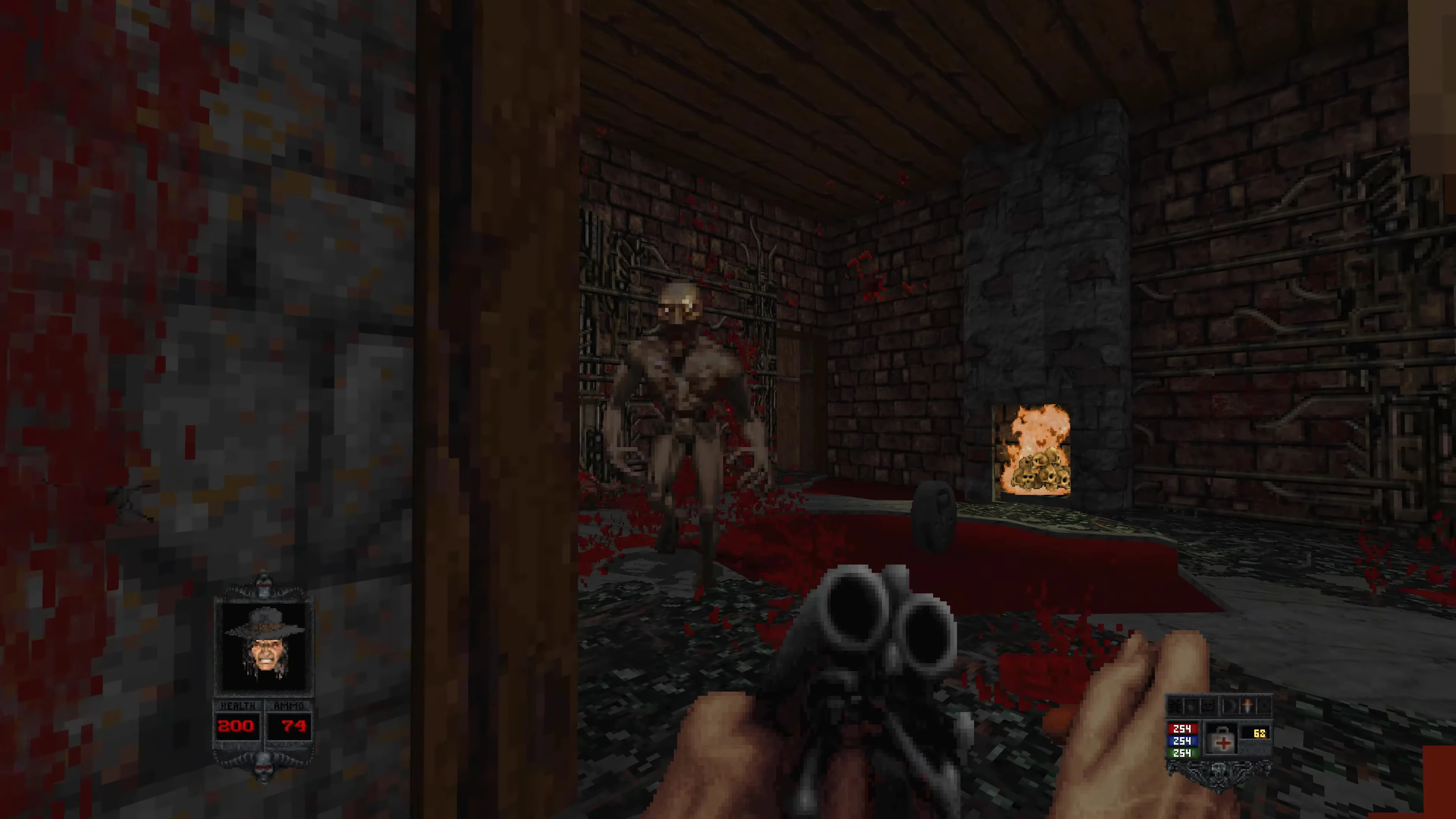 Вид від першої особи, прицілювання з двоствольної рушниці на наближаючогося зомбі у темному середньовічному замку з вогнем та плямами крові